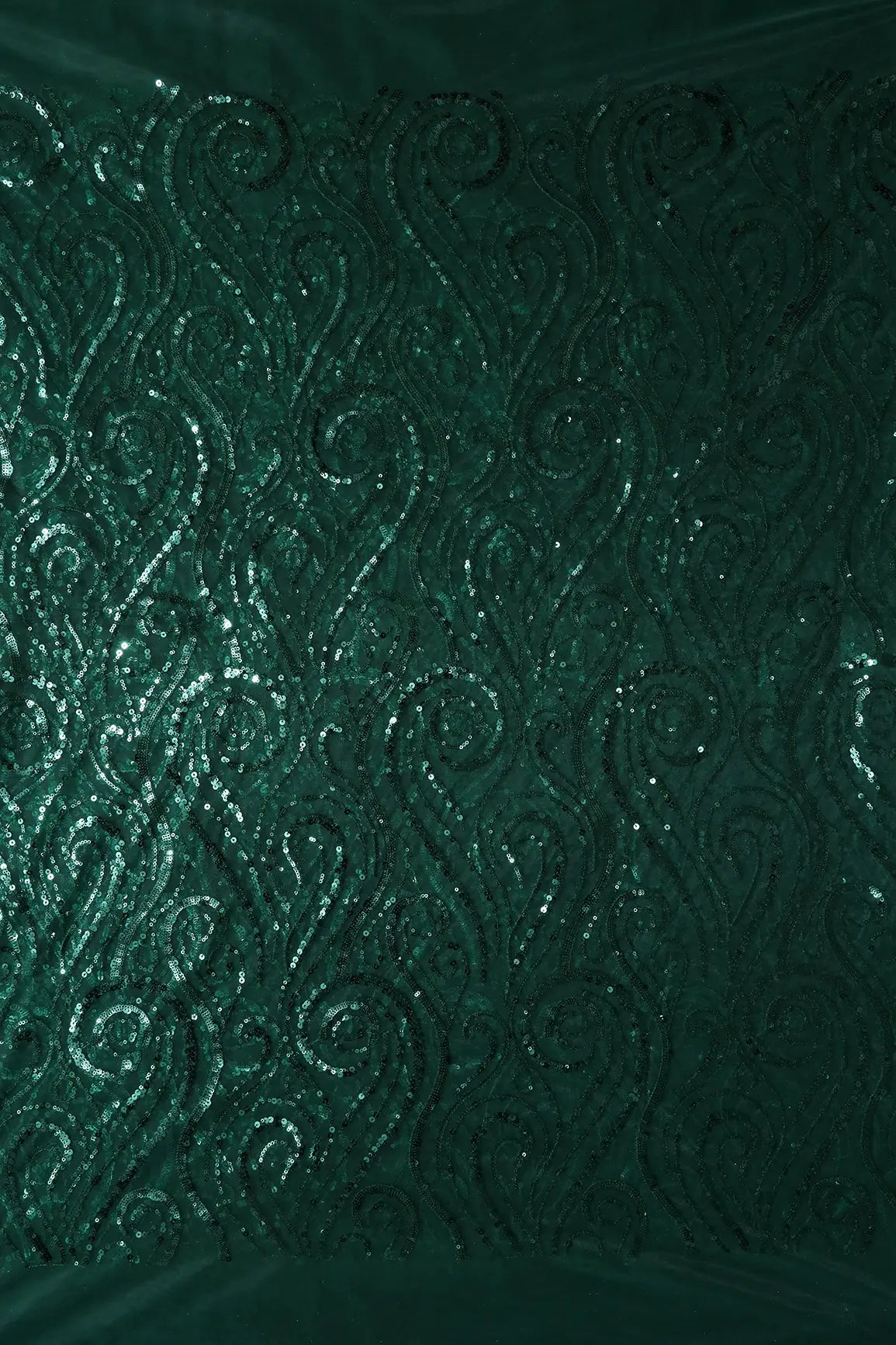 Gorgeous Green Sequins Geometric Embroidery On Bottle Green Soft Net Fabric