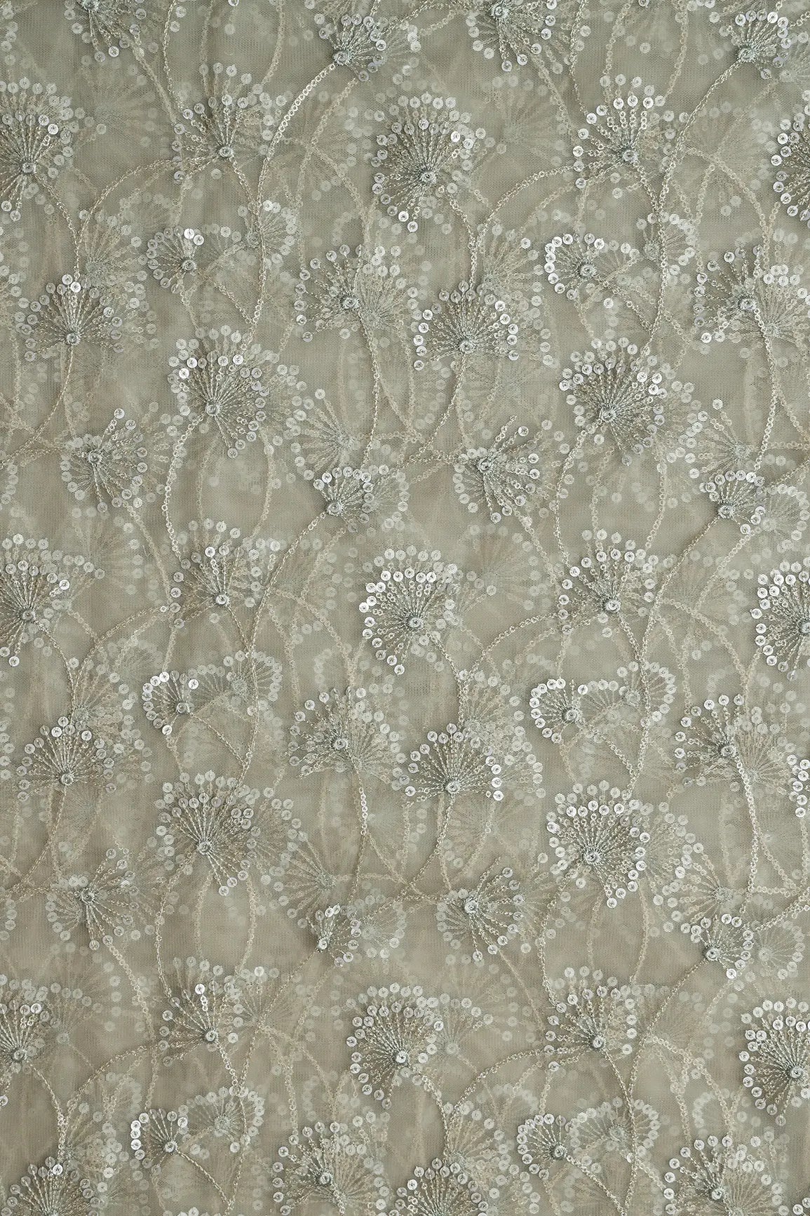 Olive Thread With Gold And Silver Sequins Floral Embroidery On Light Olive Soft Net Fabric