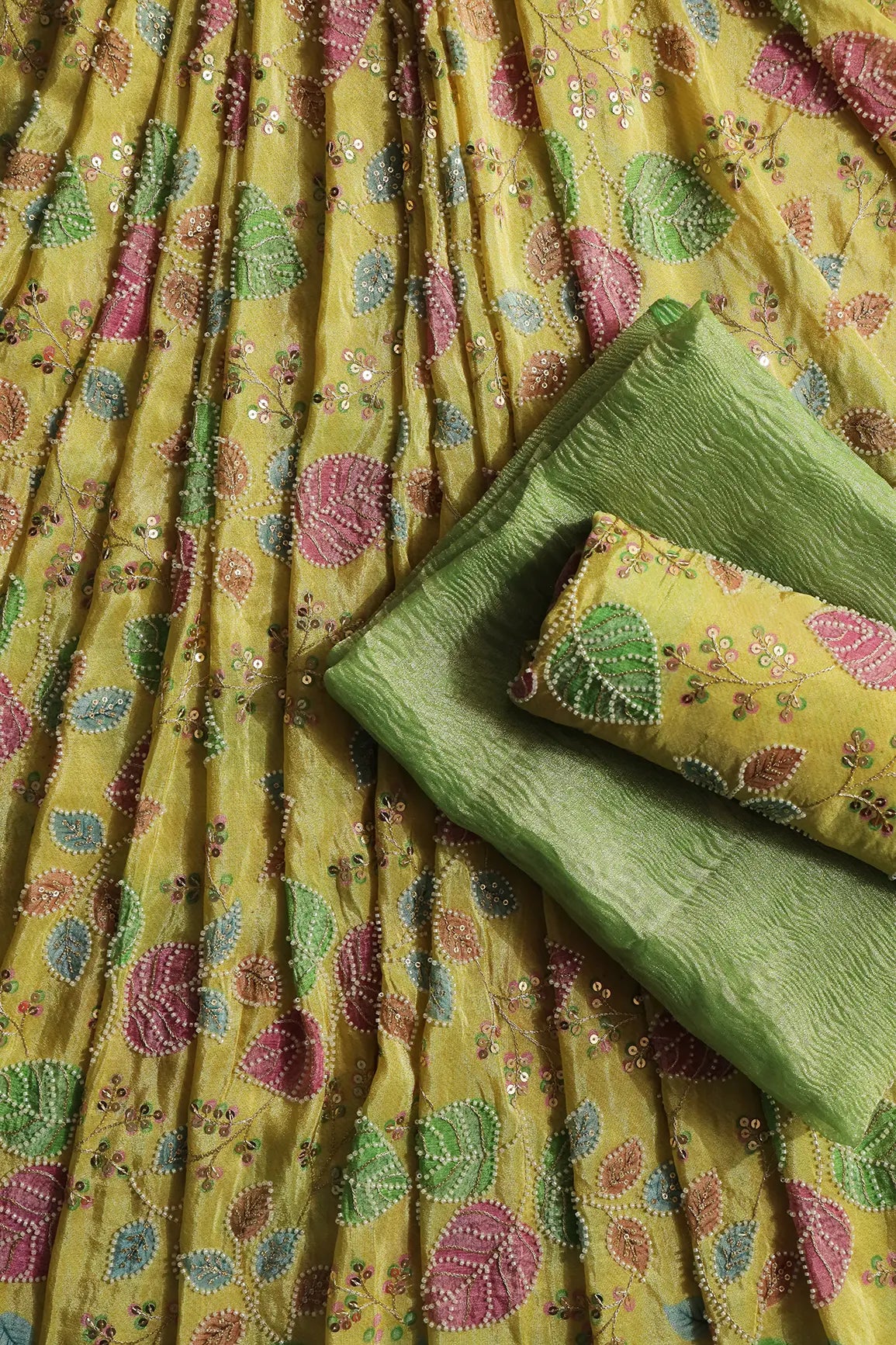 Leafy Print With Beads on Light Green Zari TissueUnstitched Lehenga Set Fabric (3 Piece)