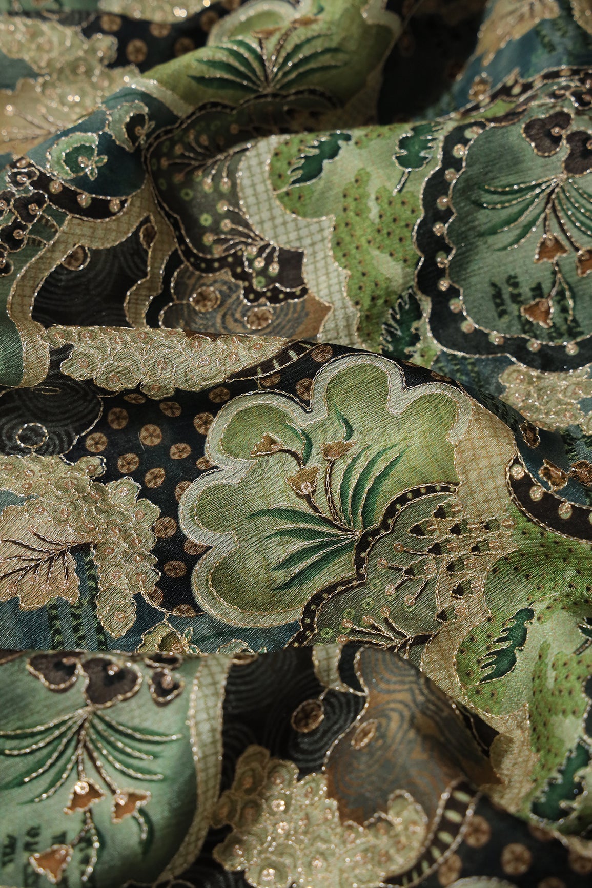 Floral Position Print On Sequins Embroidery Olive Viscose Chinnon Chiffon Fabric