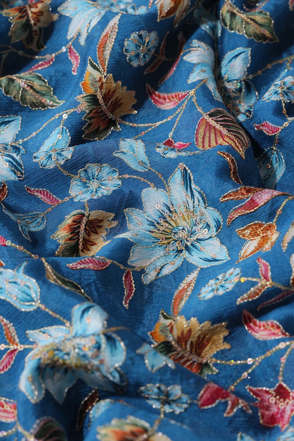 Floral Position Print On Sequins Embroidery Royal Blue Viscose Chinnon Chiffon Fabric