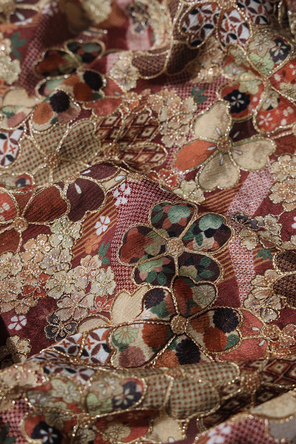 Floral Position Print On Sequins Embroidery Brown Viscose Chinnon Chiffon Fabric