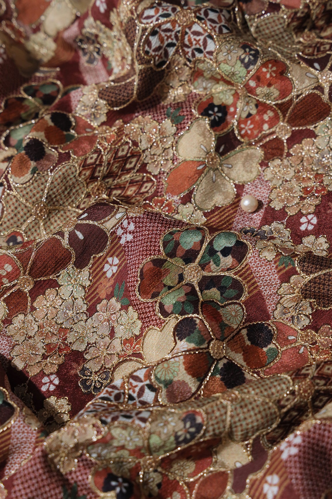 Floral Position Print On Sequins Embroidery Brown Viscose Chinnon Chiffon Fabric