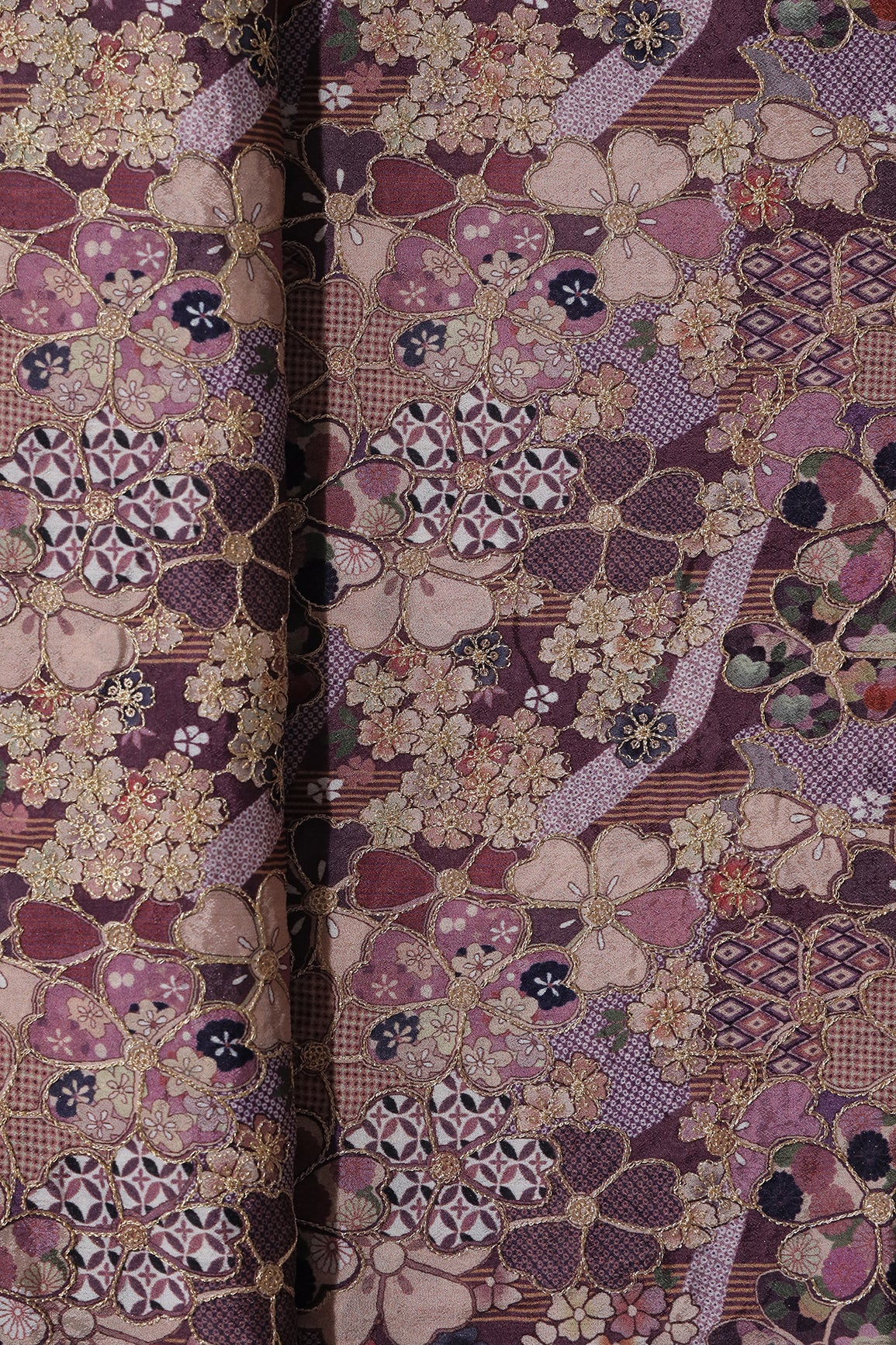 Floral Position Print On Sequins Embroidery Mauve Viscose Chinnon Chiffon Fabric