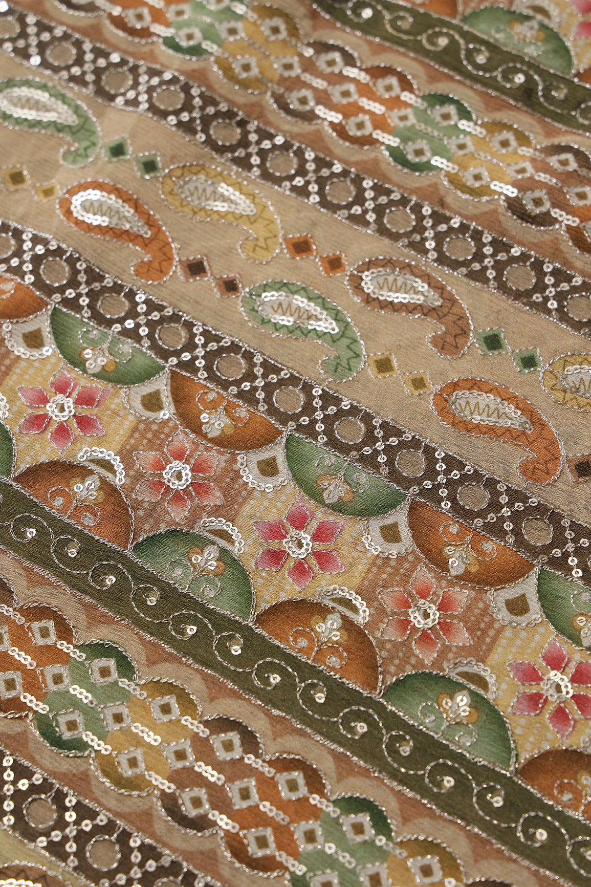 Traditional Position Print On Sequins Embroidery Light Beige Viscose Chinnon Chiffon Fabric