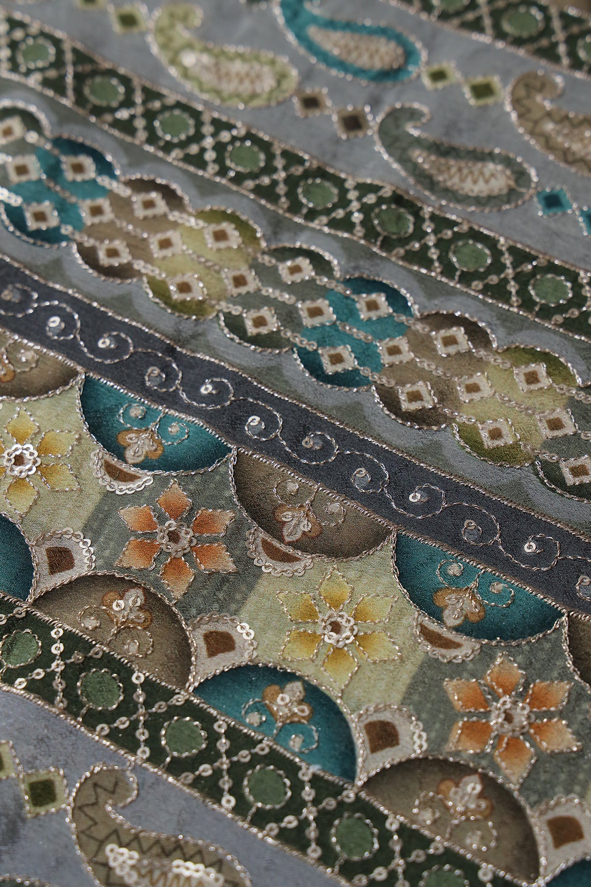 Traditional Position Print On Sequins Embroidery Light Grey Viscose Chinnon Chiffon Fabric