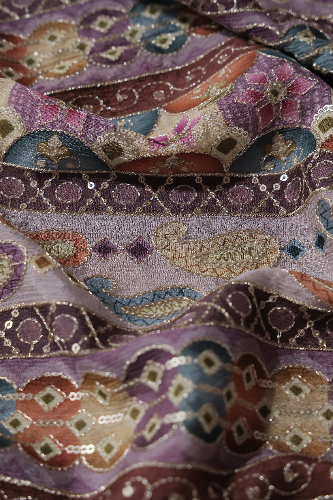 Traditional Position Print On Sequins Embroidery Light Lavender Viscose Chinnon Chiffon Fabric