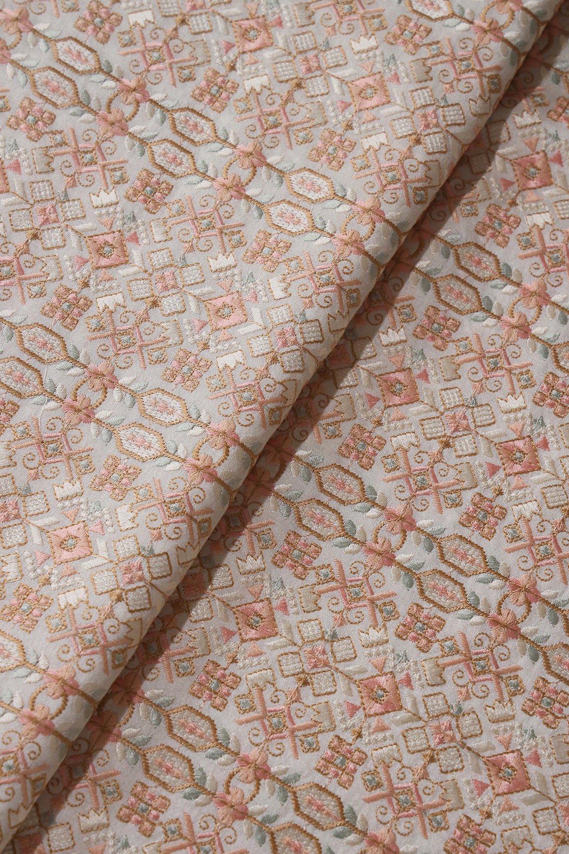Peach And White Thread With Gold Zari Traditional Embroidery On Off White Raw Silk Fabric