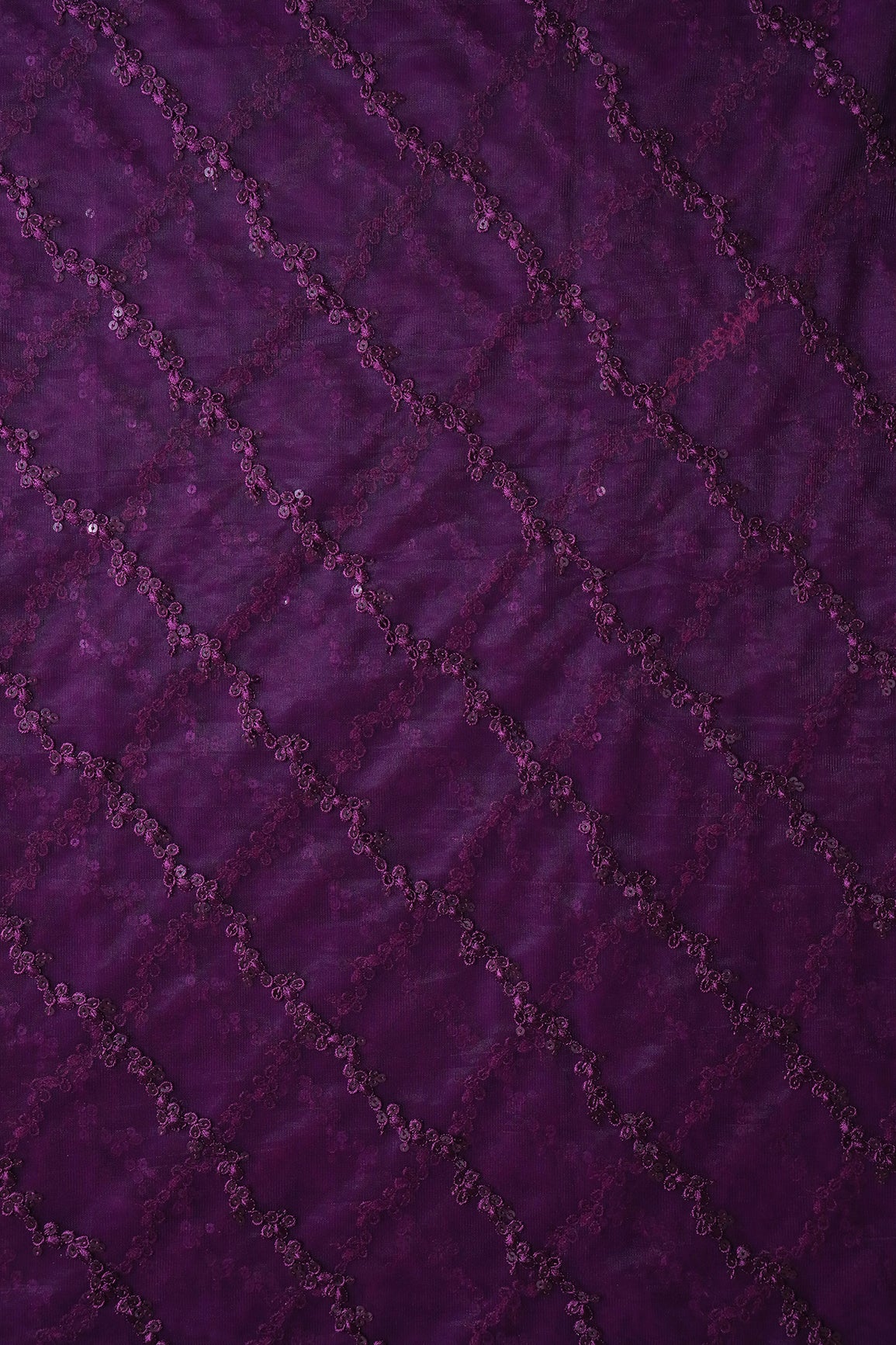 Wine Thread With Sequins Strip Embroidery Work On Wine Soft Net Fabric