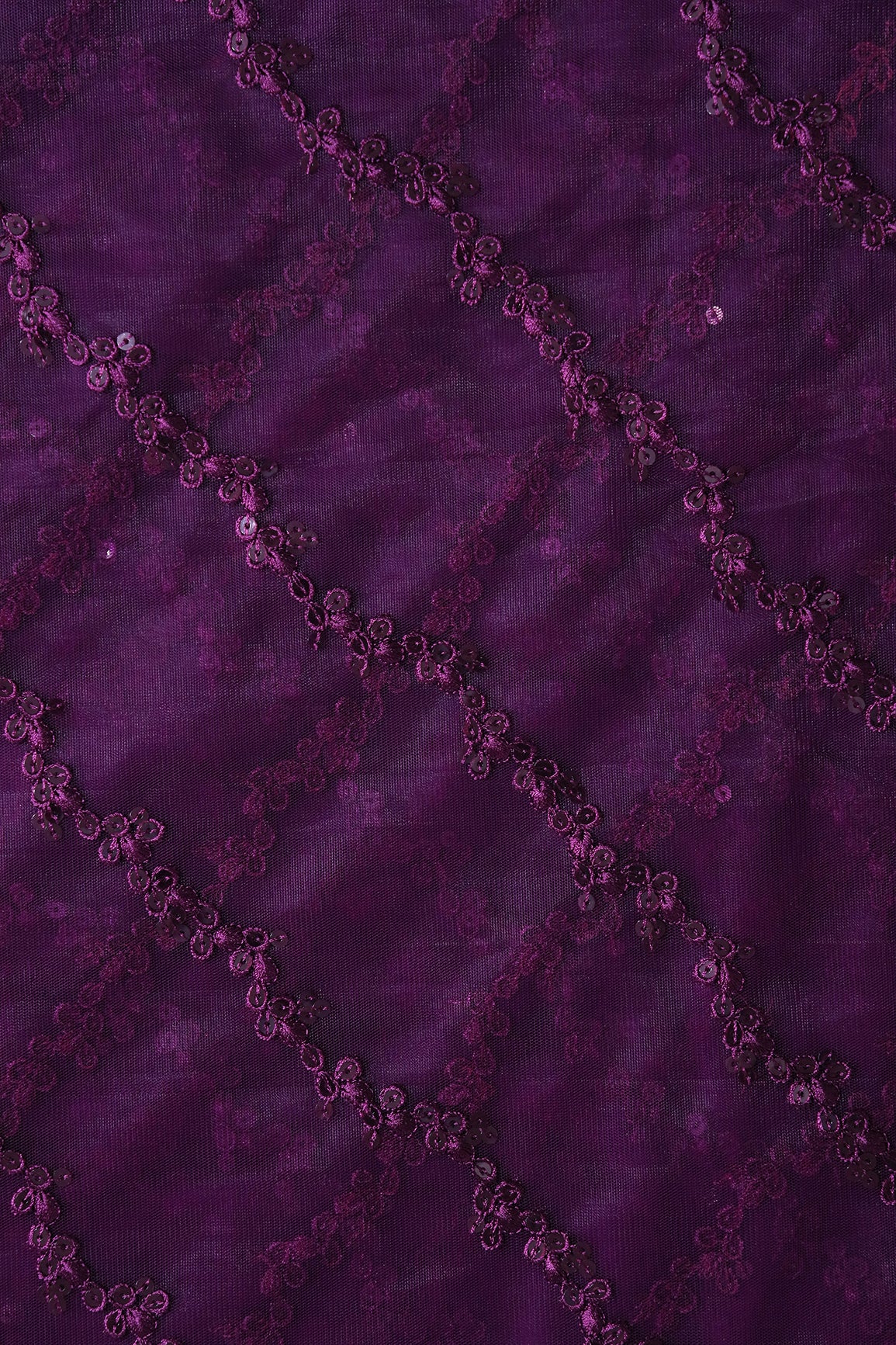 Wine Thread With Sequins Strip Embroidery Work On Wine Soft Net Fabric