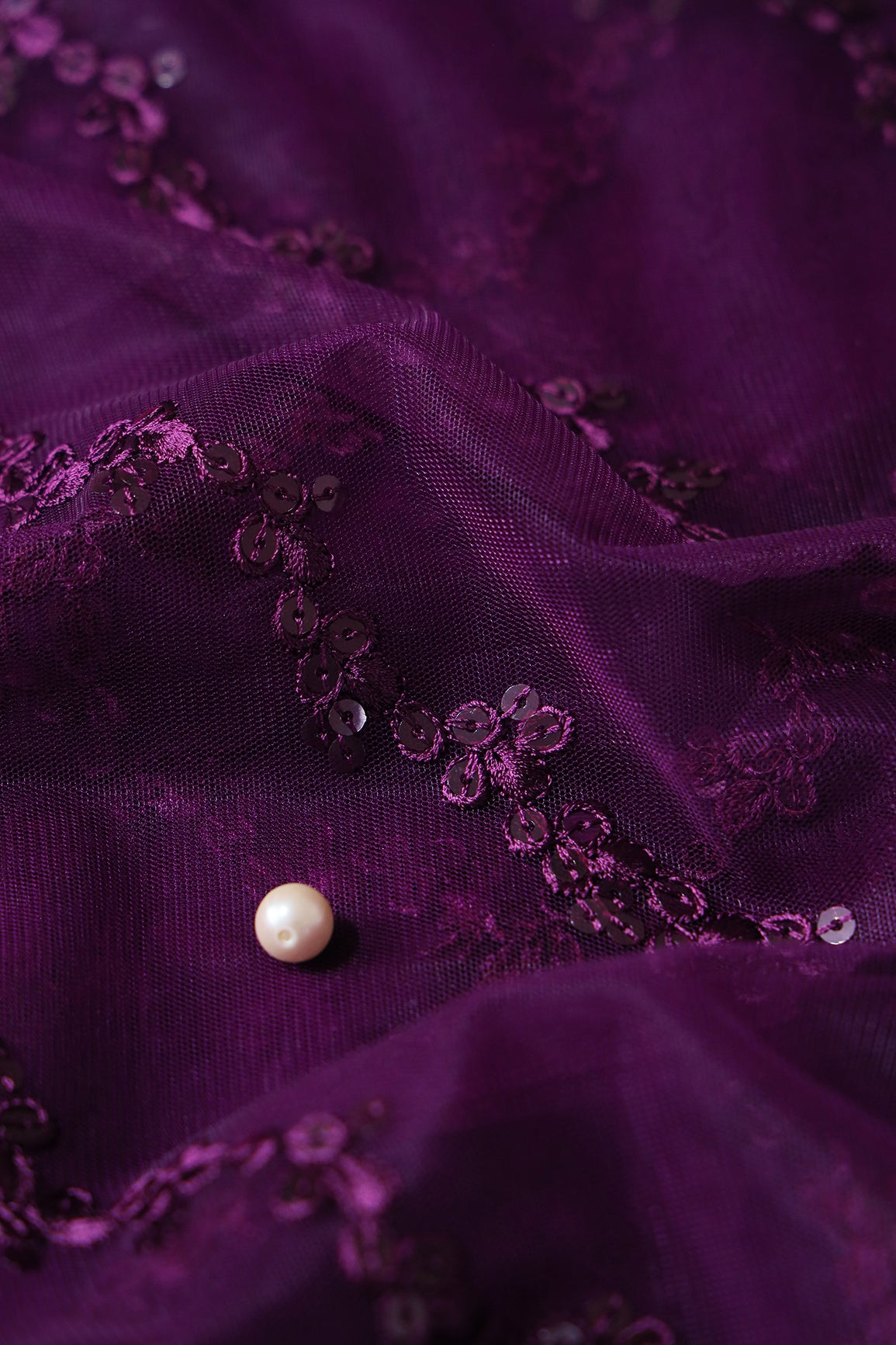 Wine Thread With Sequins Strip Embroidery Work On Wine Soft Net Fabric