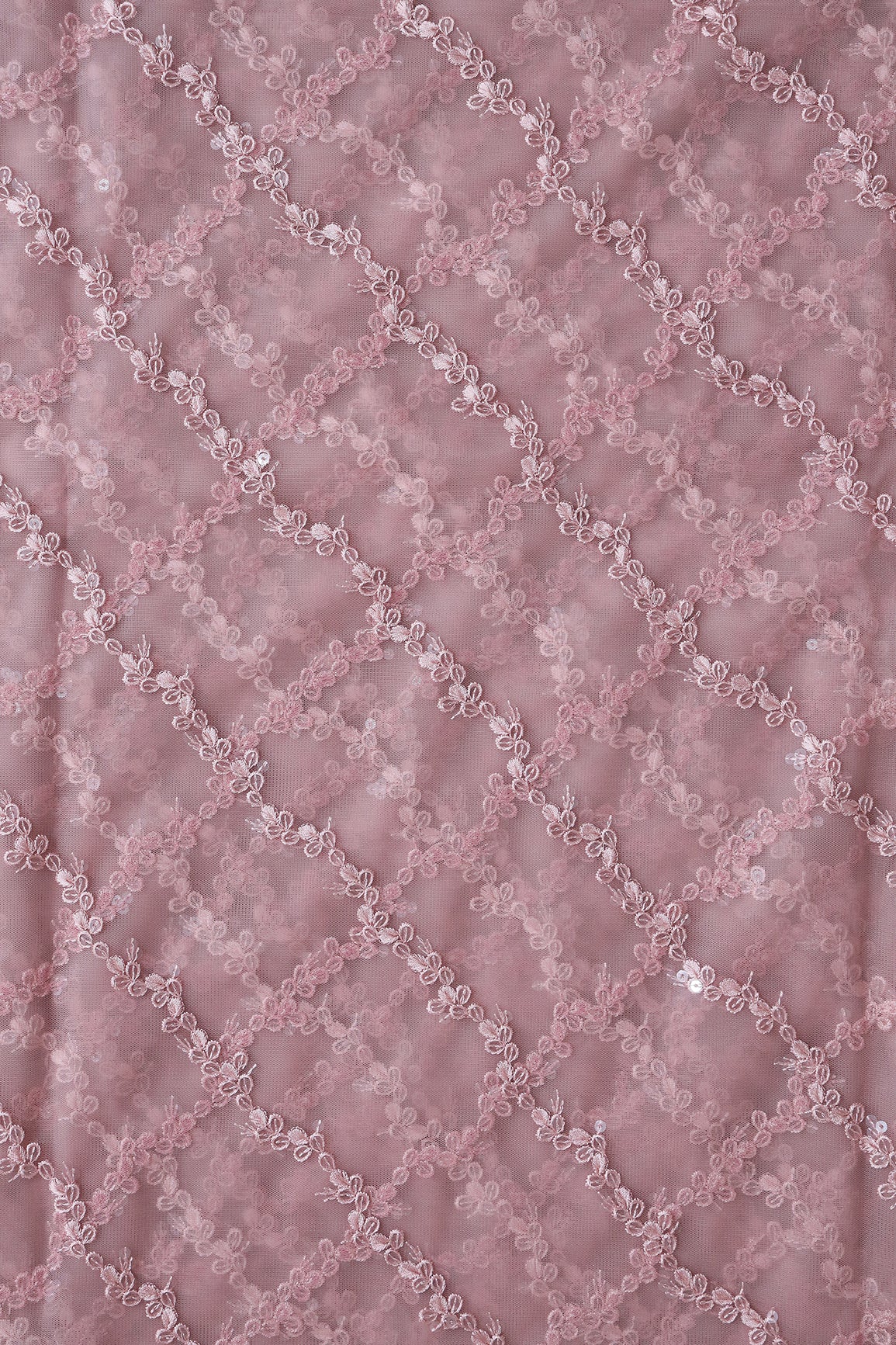 Mauve Thread With Sequins Strip Embroidery Work On Mauve Soft Net Fabric