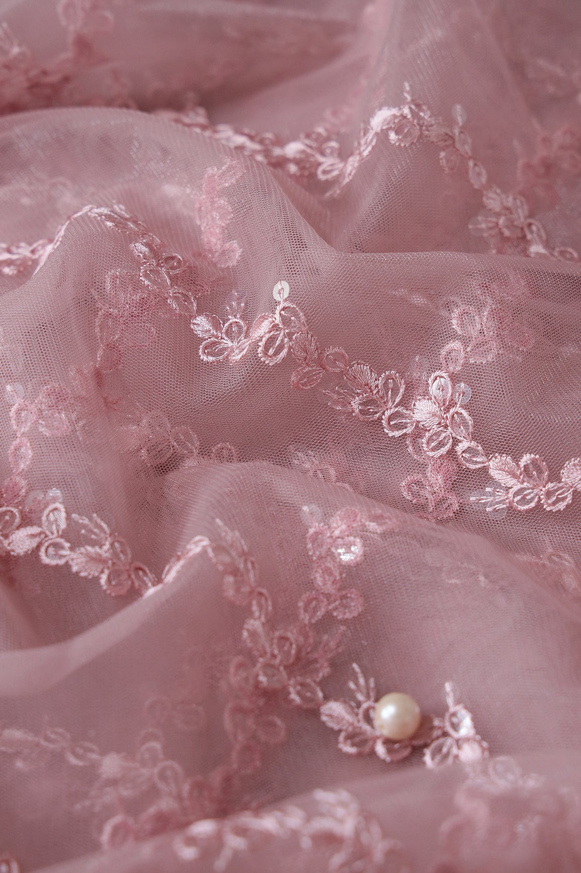 Mauve Thread With Sequins Strip Embroidery Work On Mauve Soft Net Fabric