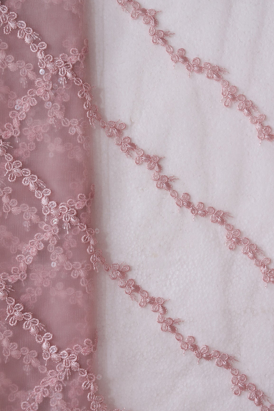 Mauve Thread With Sequins Strip Embroidery Work On Mauve Soft Net Fabric