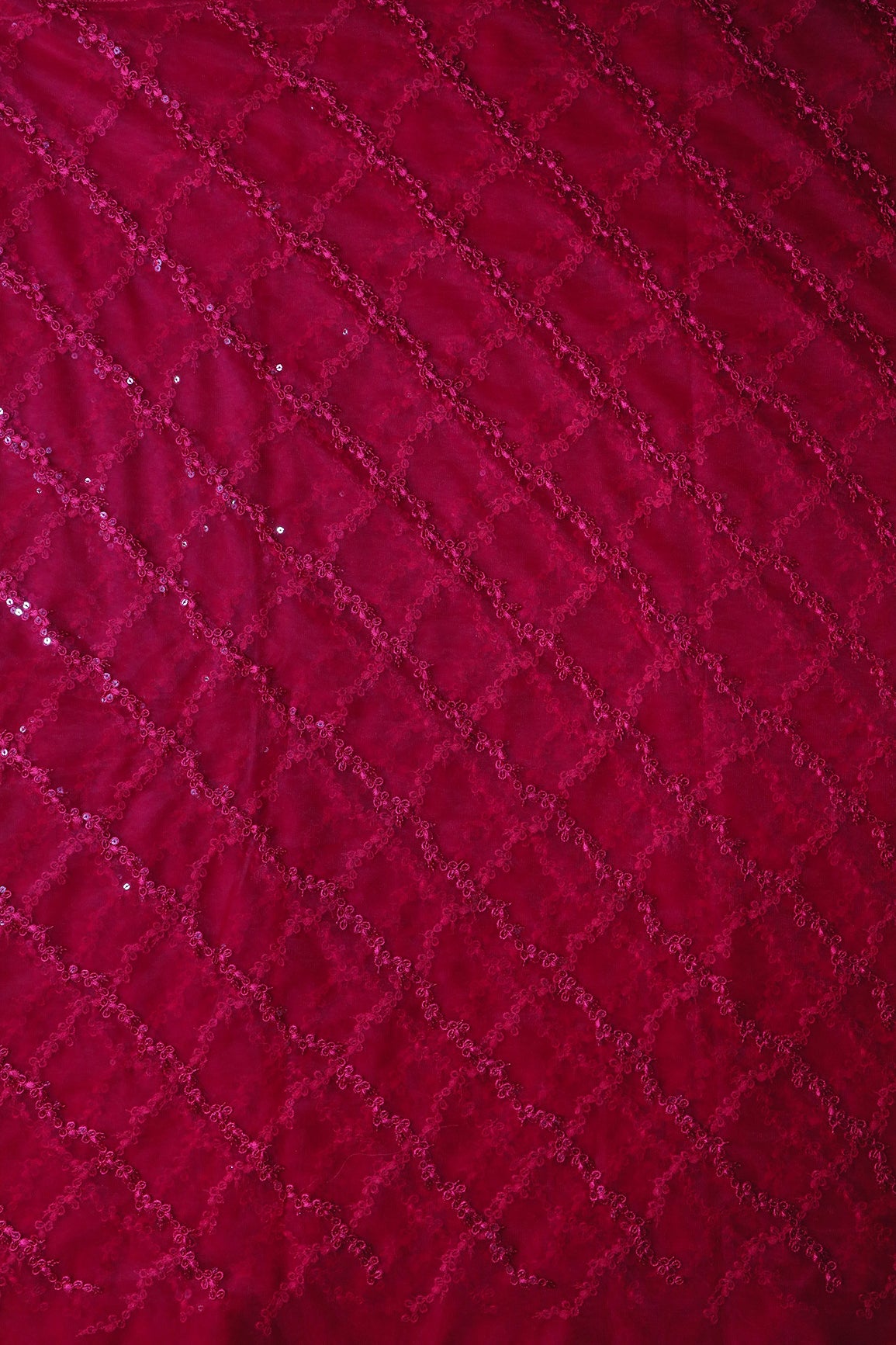 Red Thread With Sequins Strip Embroidery Work On Cherry Red Soft Net Fabric