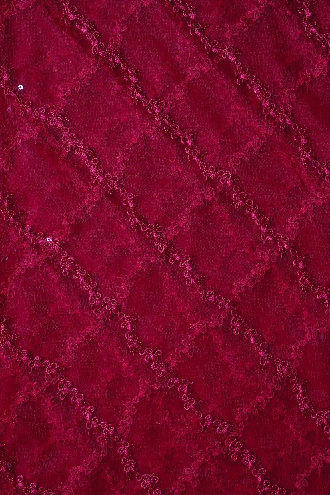 Red Thread With Sequins Strip Embroidery Work On Cherry Red Soft Net Fabric