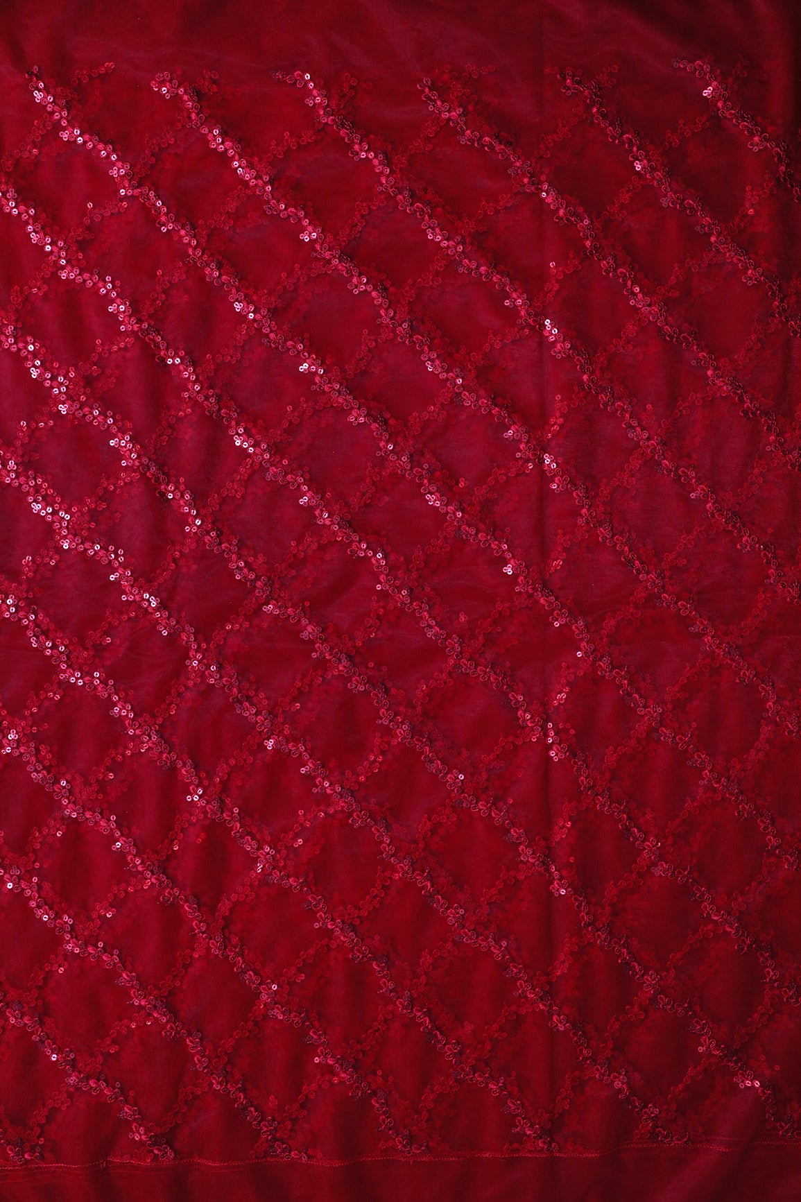 Red Thread With Sequins Strip Embroidery Work On Red Soft Net Fabric