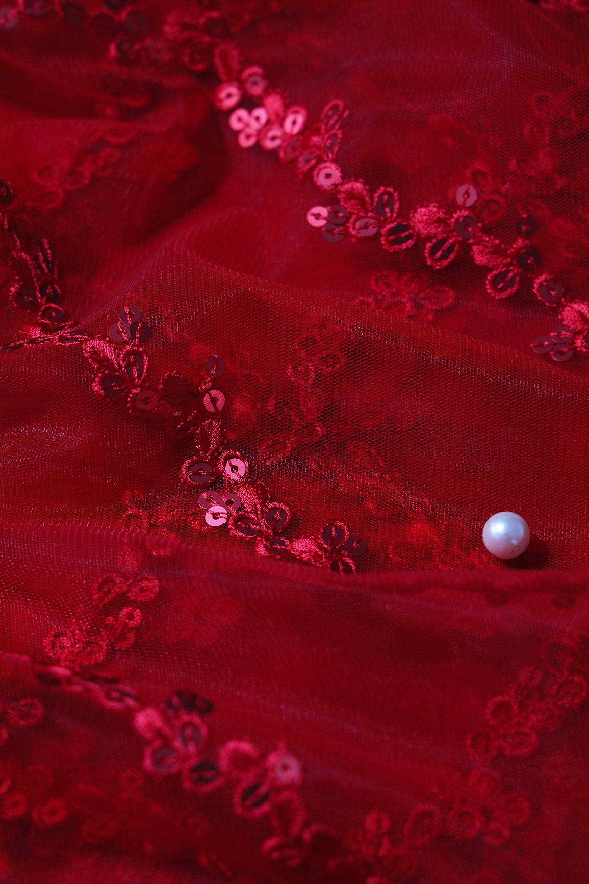 Red Thread With Sequins Strip Embroidery Work On Red Soft Net Fabric