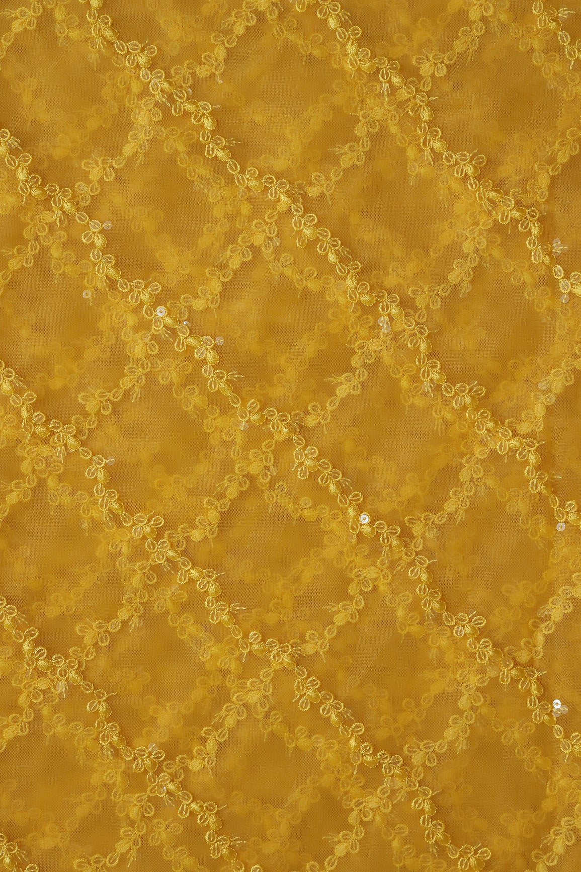 Yellow Thread With Sequins Strip Embroidery Work On Yellow Soft Net Fabric