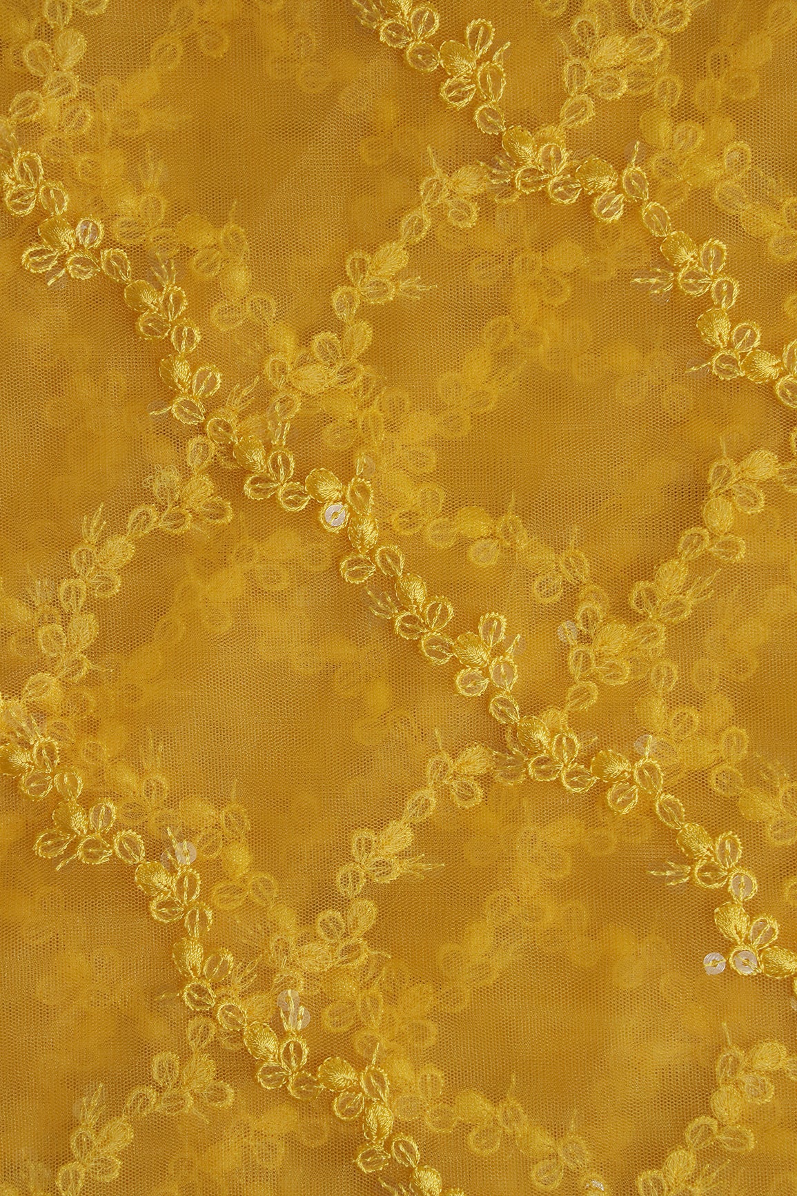Yellow Thread With Sequins Strip Embroidery Work On Yellow Soft Net Fabric