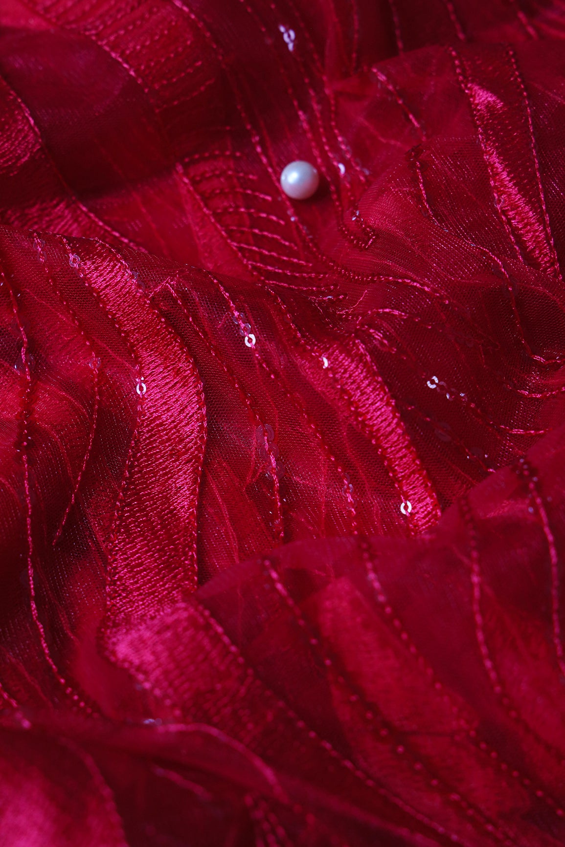 Red Thread With Sequins Wavy Embroidery Work On Cherry Red Soft Net Fabric