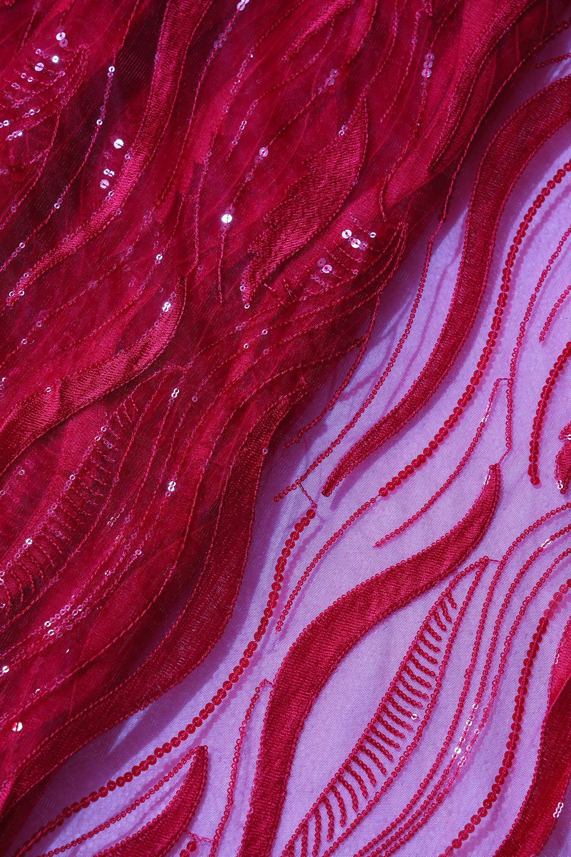 Red Thread With Sequins Wavy Embroidery Work On Cherry Red Soft Net Fabric