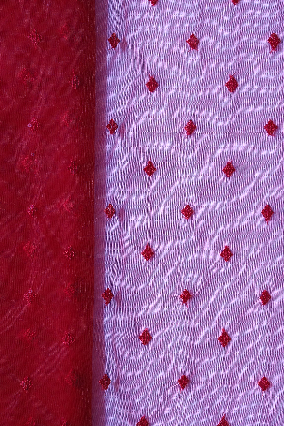 Small Motif Sequins Embroidery Work On Red Soft Net Fabric