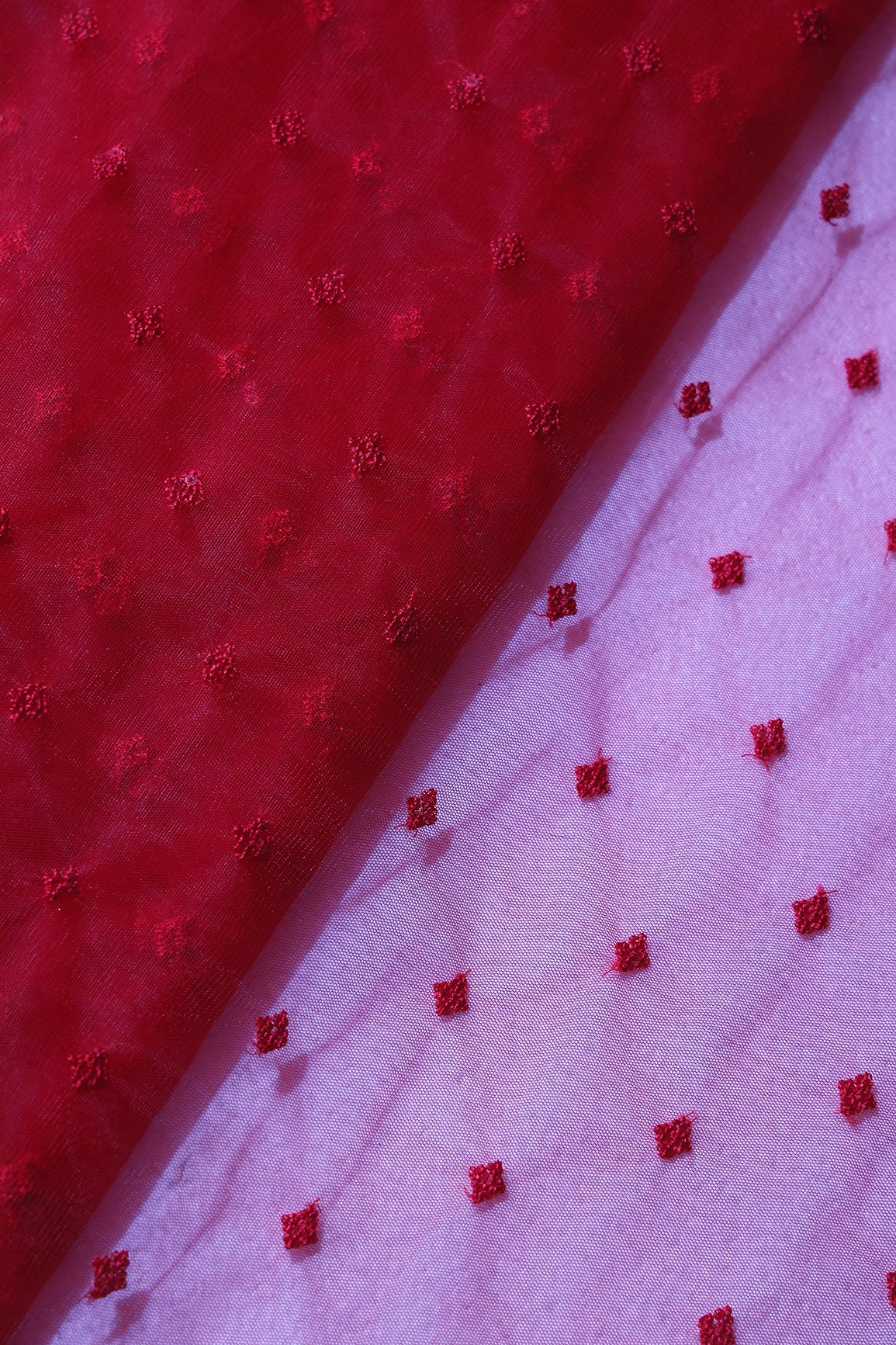 Small Motif Sequins Embroidery Work On Red Soft Net Fabric