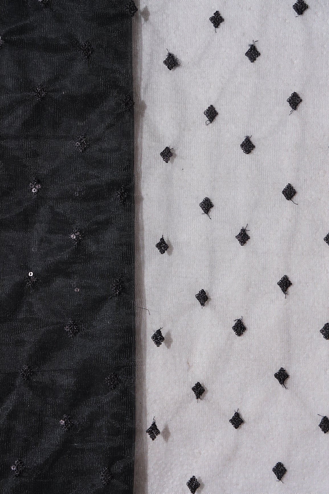Small Motif Sequins Embroidery Work On Black Soft Net Fabric