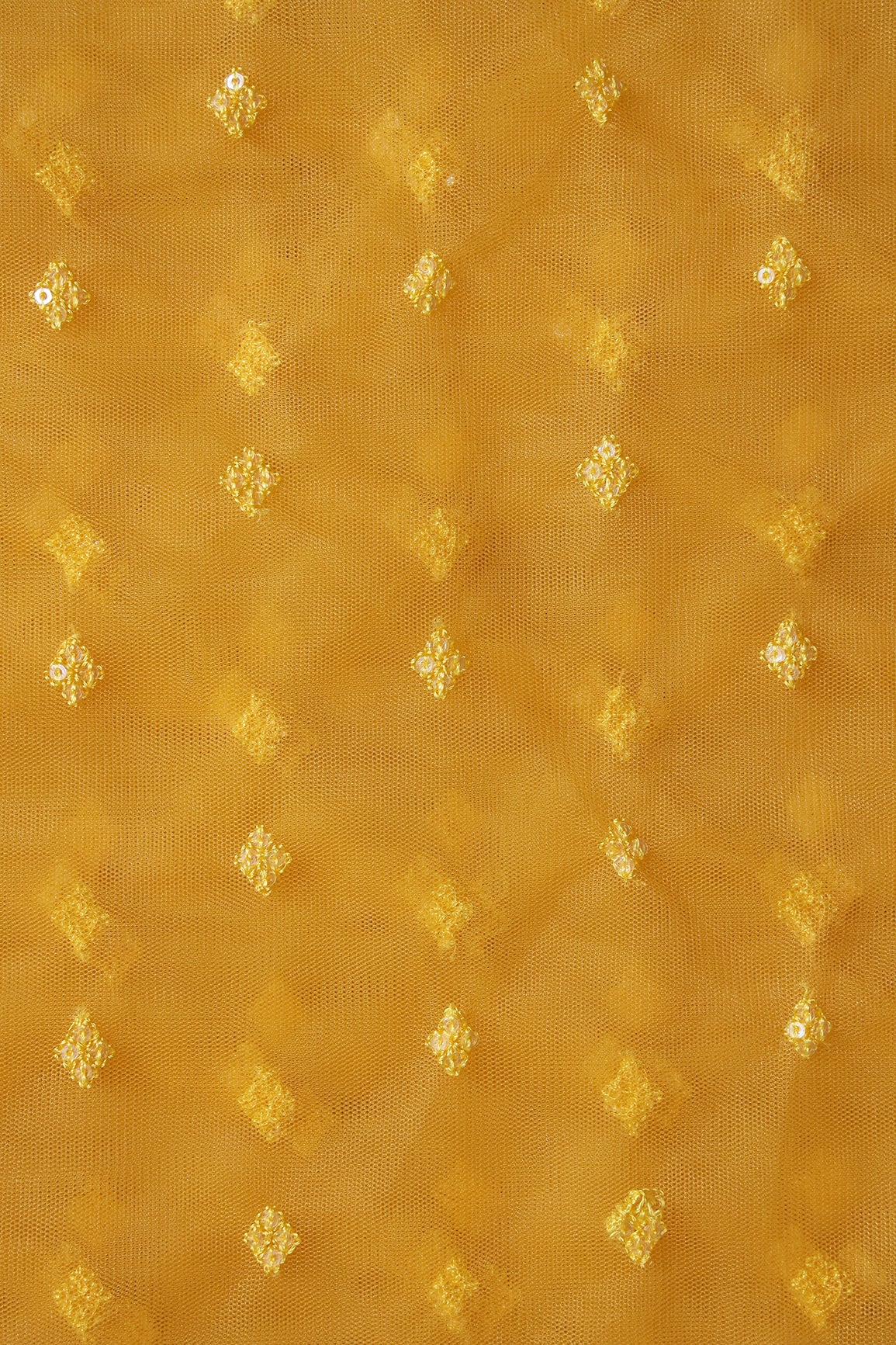 Small Motif Sequins Embroidery Work On Yellow Soft Net Fabric