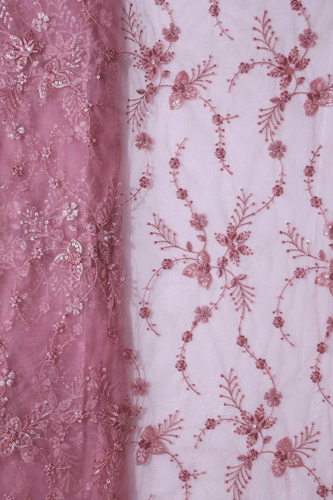 Beautiful Pink Thread With Sequins Floral Embroidery Work On Pink Soft Net Fabric