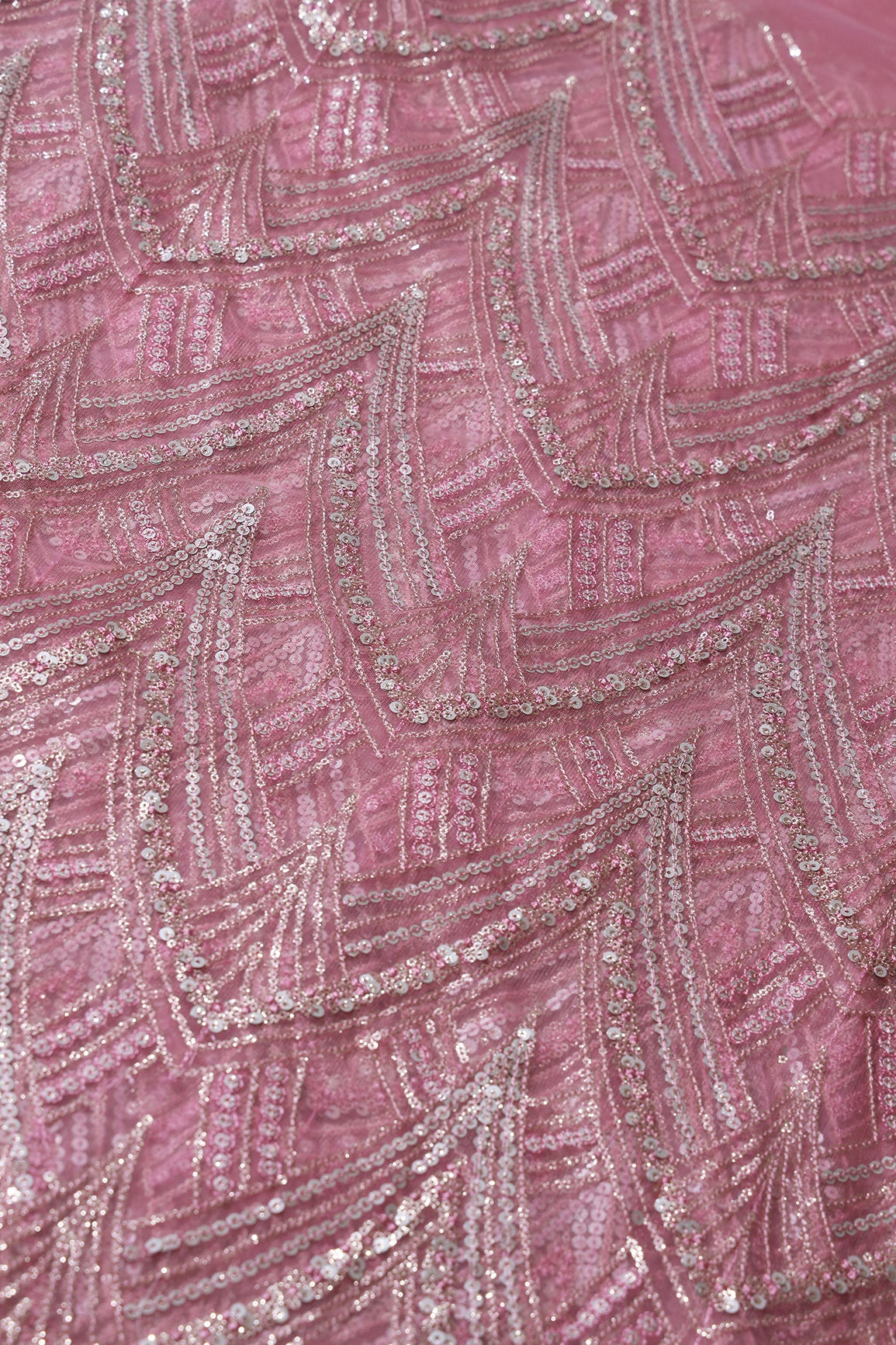 Pink Thread With Gold And Silver Sequins Geometric Embroidery Work On Pink Soft Net Fabric