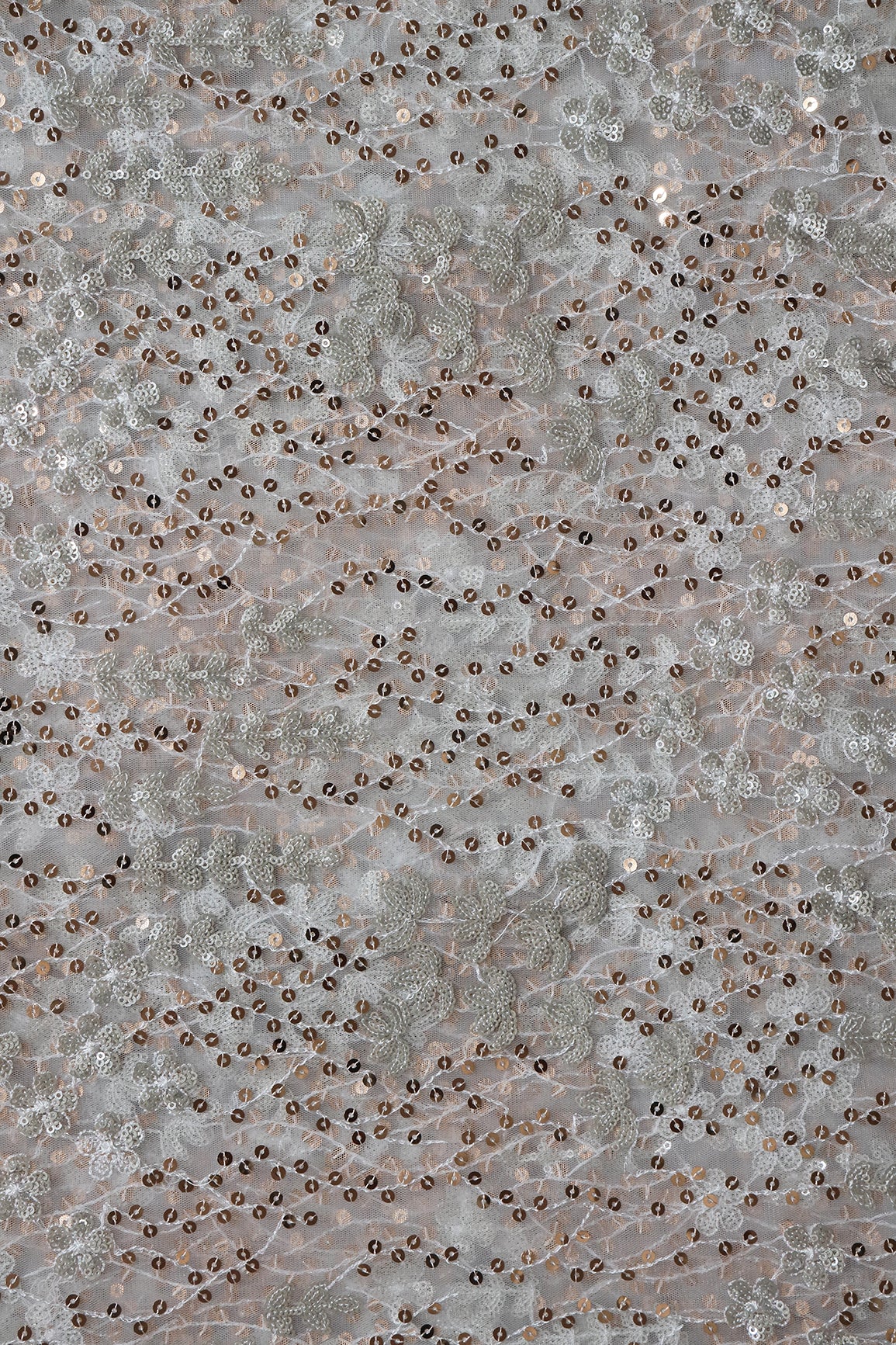 Gold And Silver Sequins Heavy Embroidery On Dyeable White Soft Net Fabric