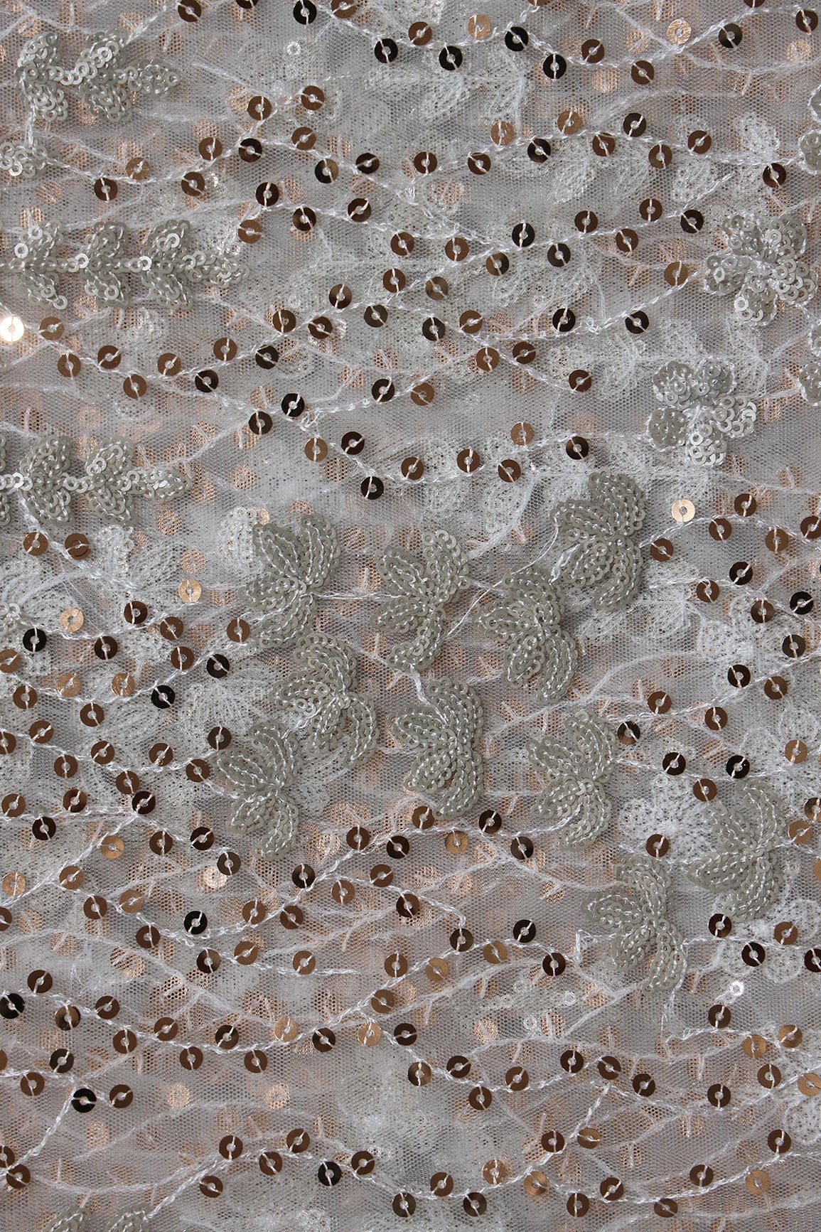 Gold And Silver Sequins Heavy Embroidery On Dyeable White Soft Net Fabric