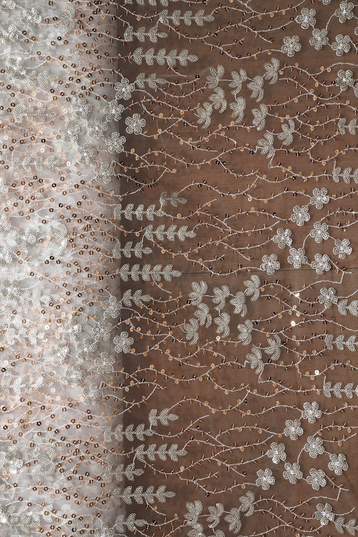 Gold And Silver Sequins Heavy Embroidery On Dyeable White Soft Net Fabric