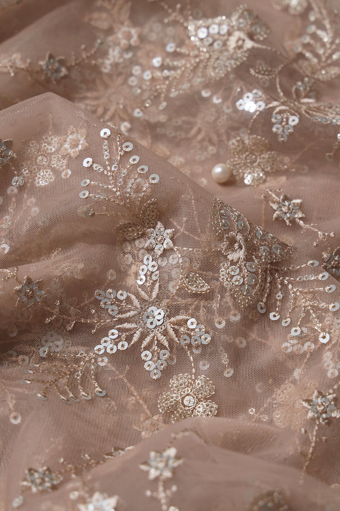 Beautiful Beige Thread With Sequins Floral Embroidery Work On Beige Soft Net Fabric