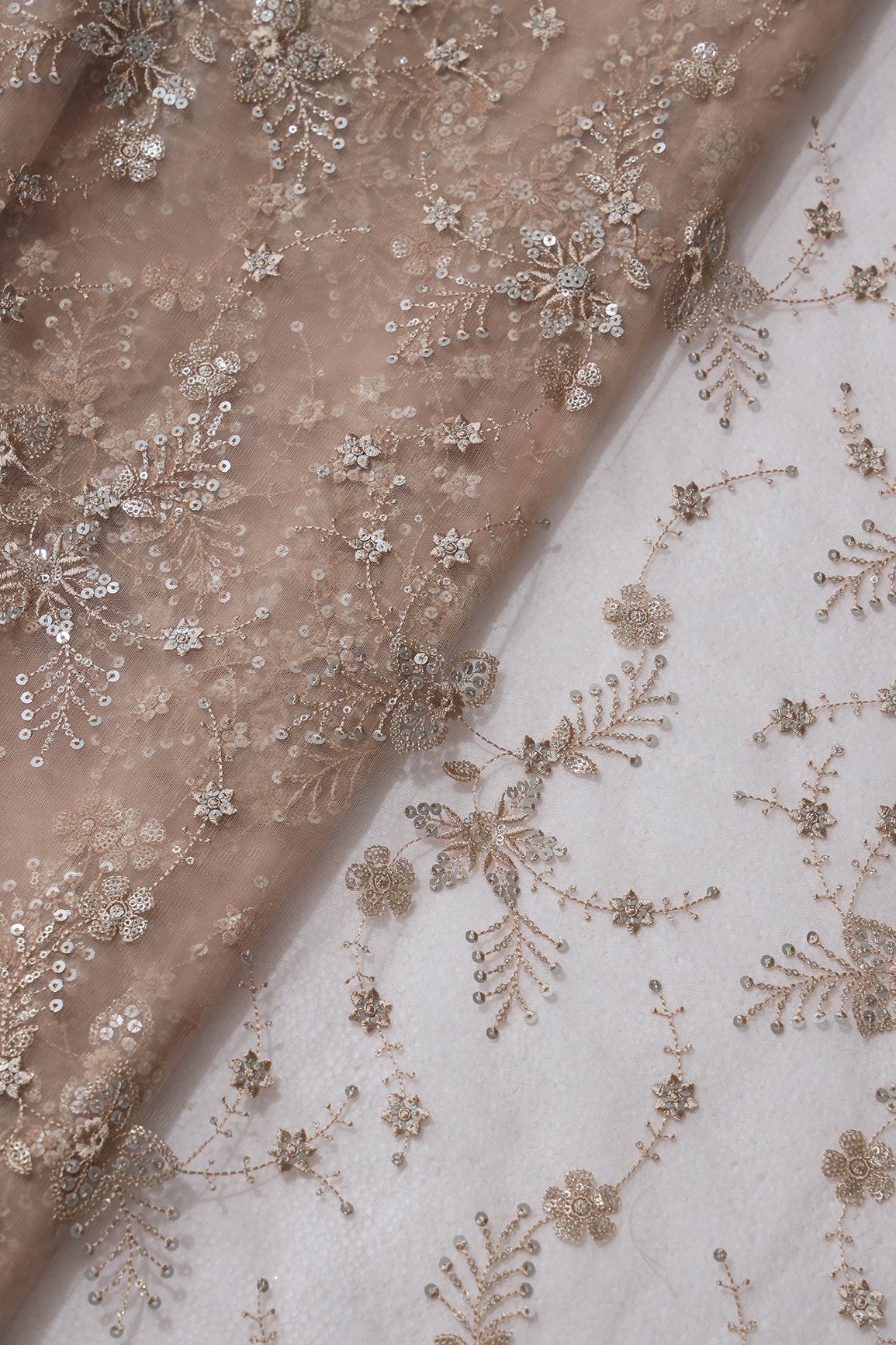 Beautiful Beige Thread With Sequins Floral Embroidery Work On Beige Soft Net Fabric