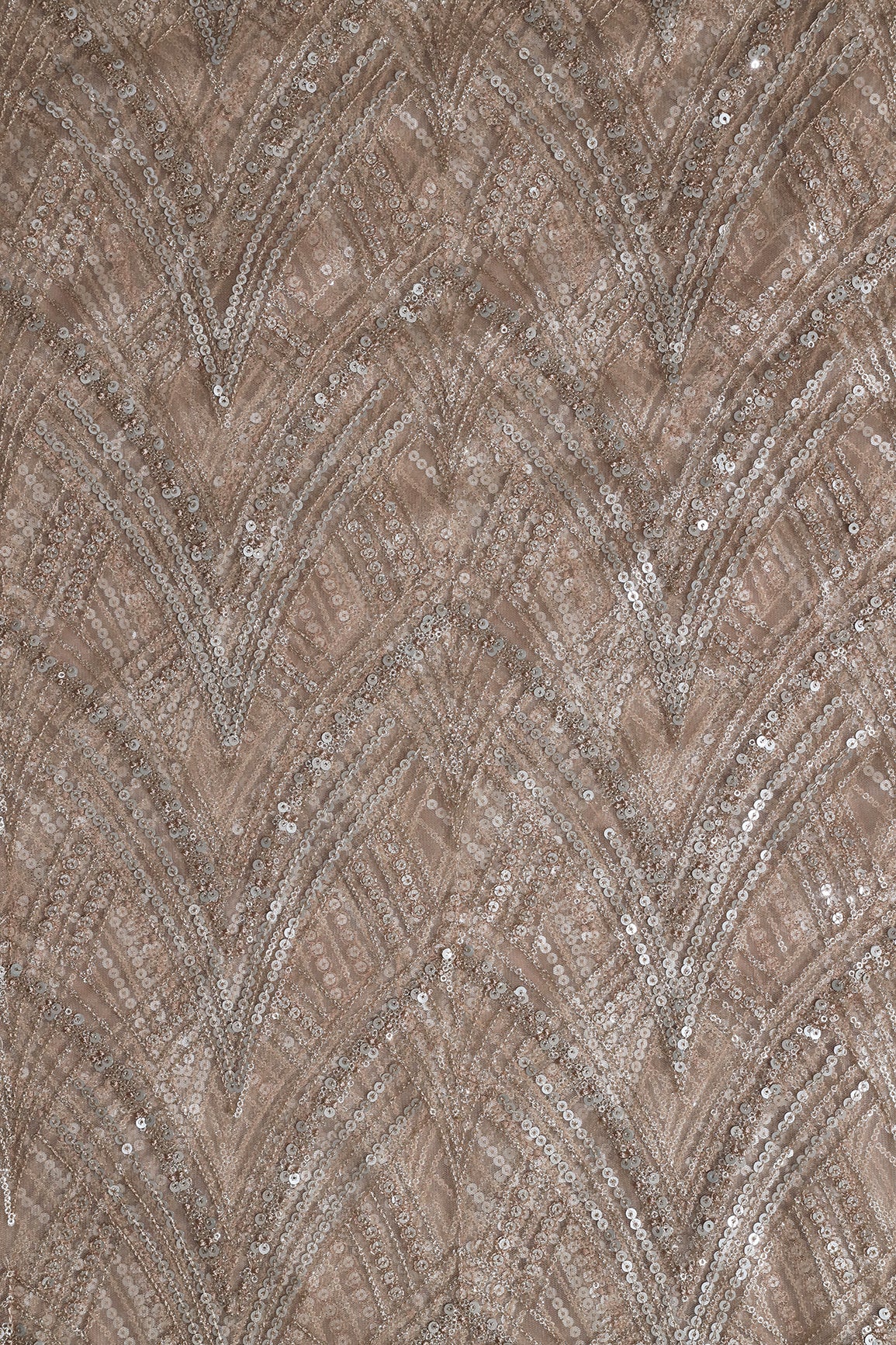 Beige Thread With Gold And Silver Sequins Geometric Embroidery Work On Beige Soft Net Fabric