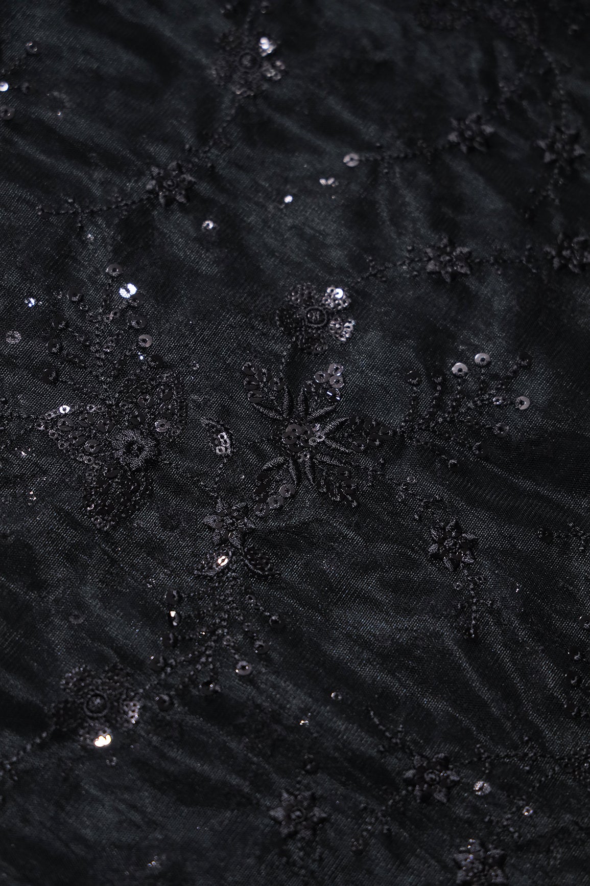 Beautiful Black Thread With Sequins Floral Embroidery Work On Black Soft Net Fabric