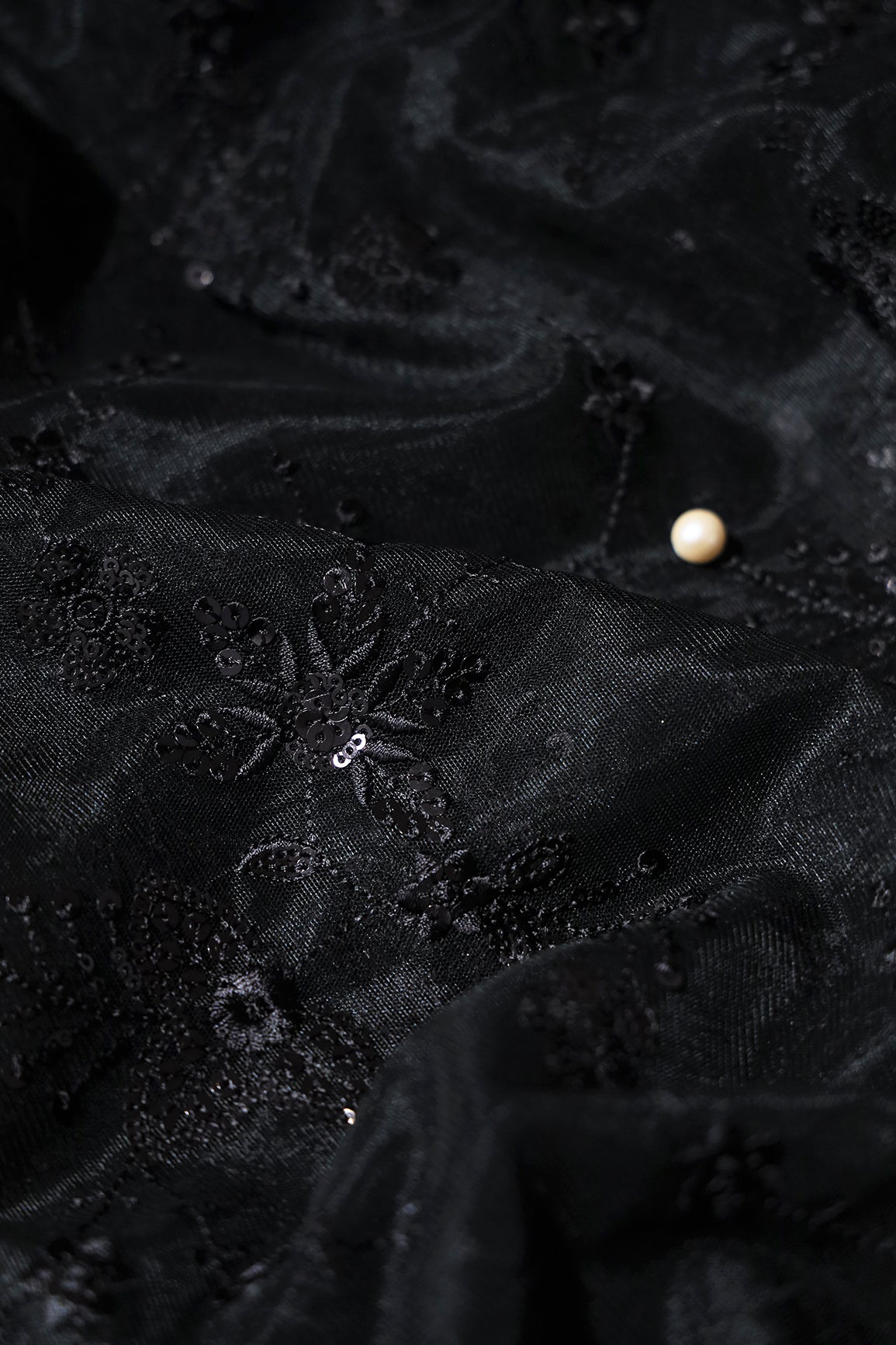 Beautiful Black Thread With Sequins Floral Embroidery Work On Black Soft Net Fabric