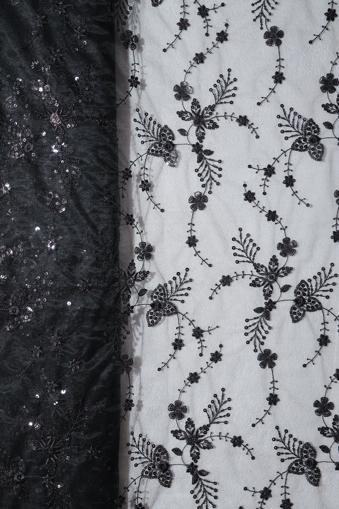 Beautiful Black Thread With Sequins Floral Embroidery Work On Black Soft Net Fabric