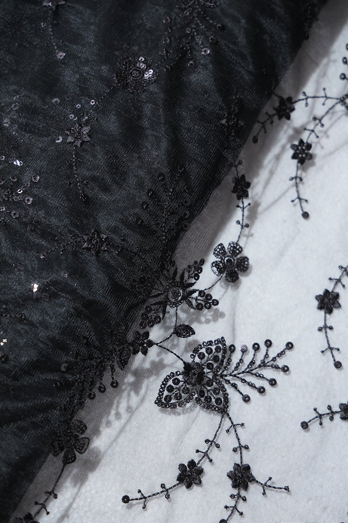 Beautiful Black Thread With Sequins Floral Embroidery Work On Black Soft Net Fabric