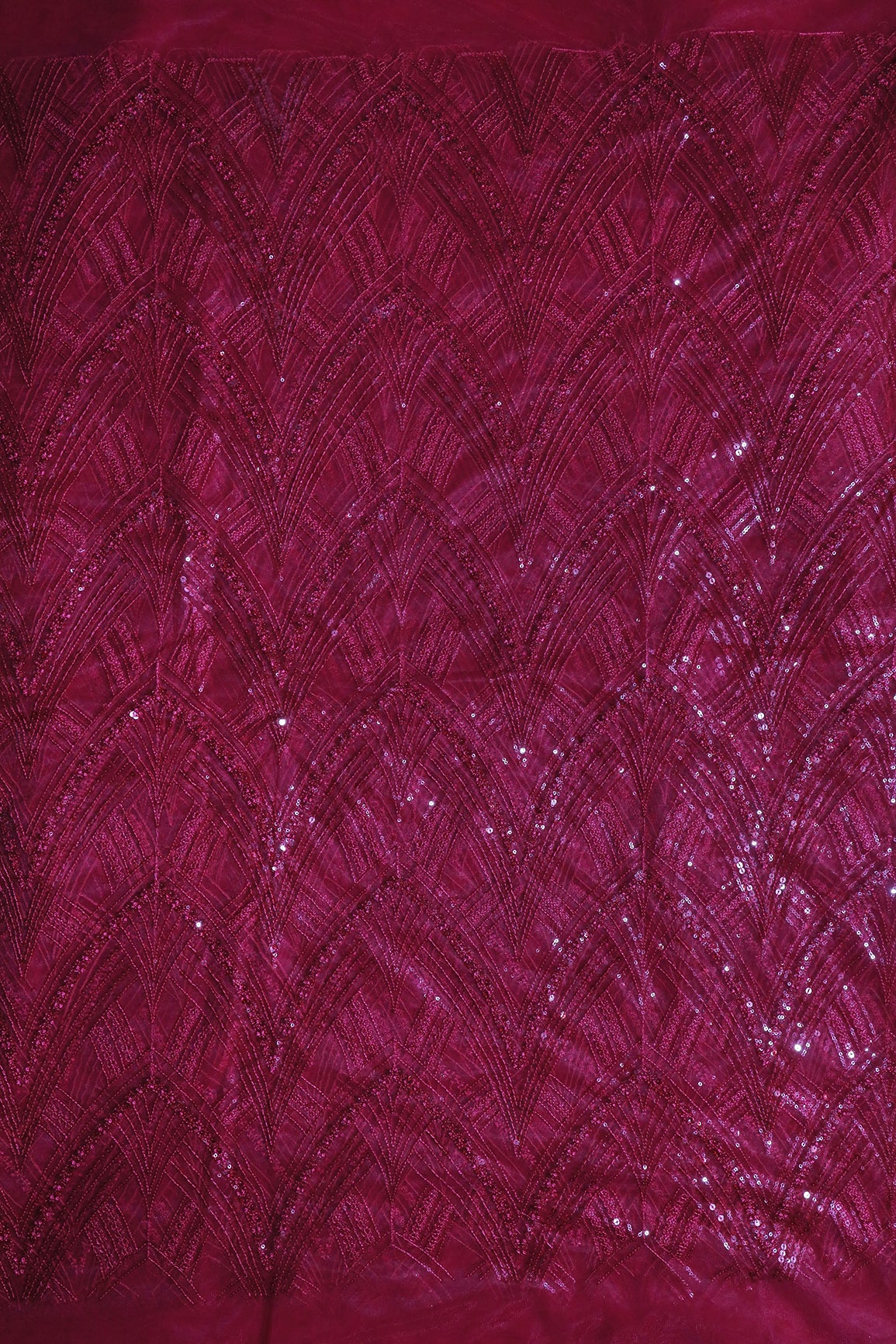 Red Thread With Sequins Geometric Embroidery Work On Cherry Red Soft Net Fabric