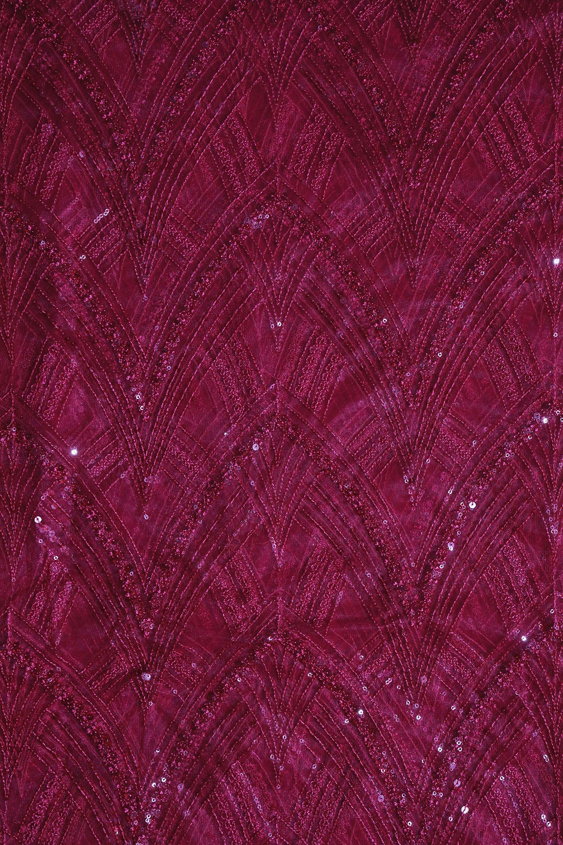 Red Thread With Sequins Geometric Embroidery Work On Cherry Red Soft Net Fabric