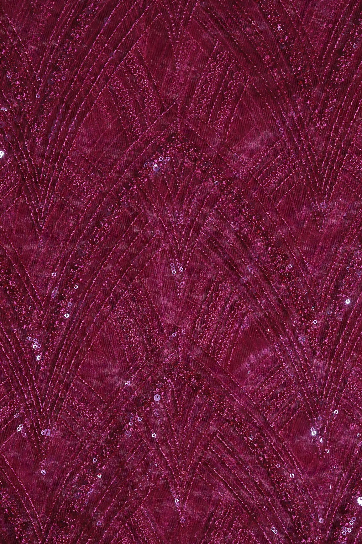 Red Thread With Sequins Geometric Embroidery Work On Cherry Red Soft Net Fabric