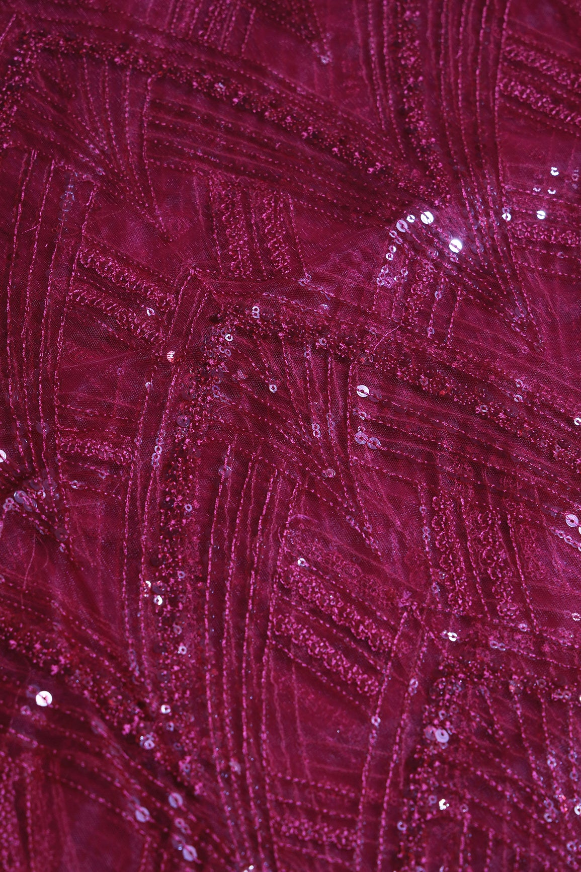 Red Thread With Sequins Geometric Embroidery Work On Cherry Red Soft Net Fabric