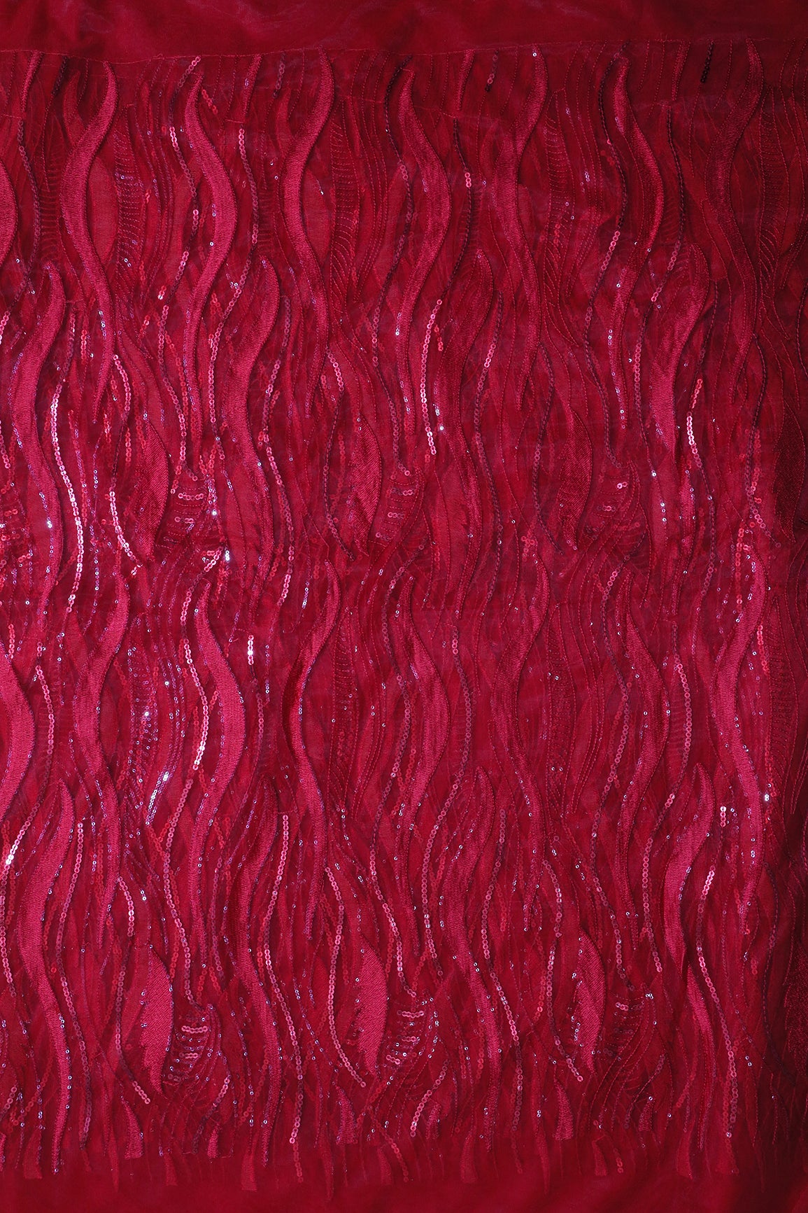 Red Thread With Sequins Wavy Embroidery Work On Red Soft Net Fabric