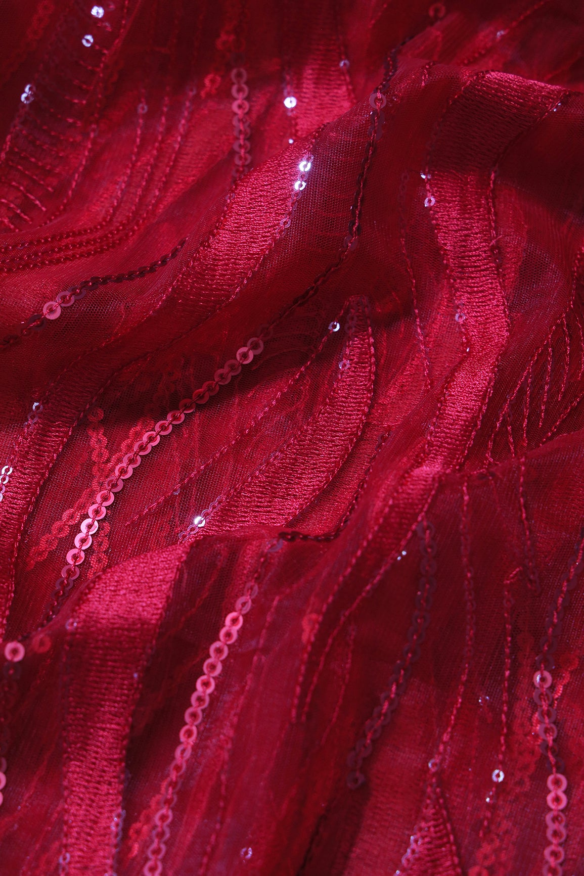 Red Thread With Sequins Wavy Embroidery Work On Red Soft Net Fabric