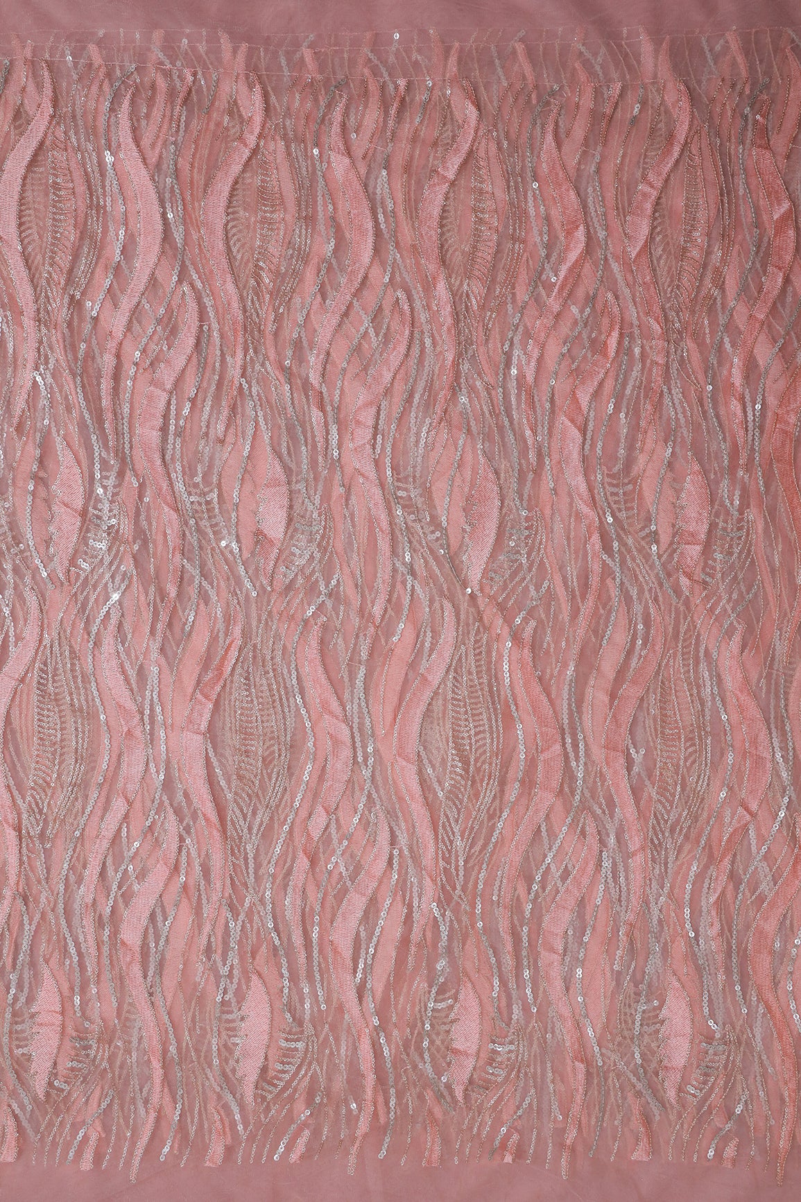 Peach Thread With Sequins Wavy Embroidery Work On Peach Soft Net Fabric