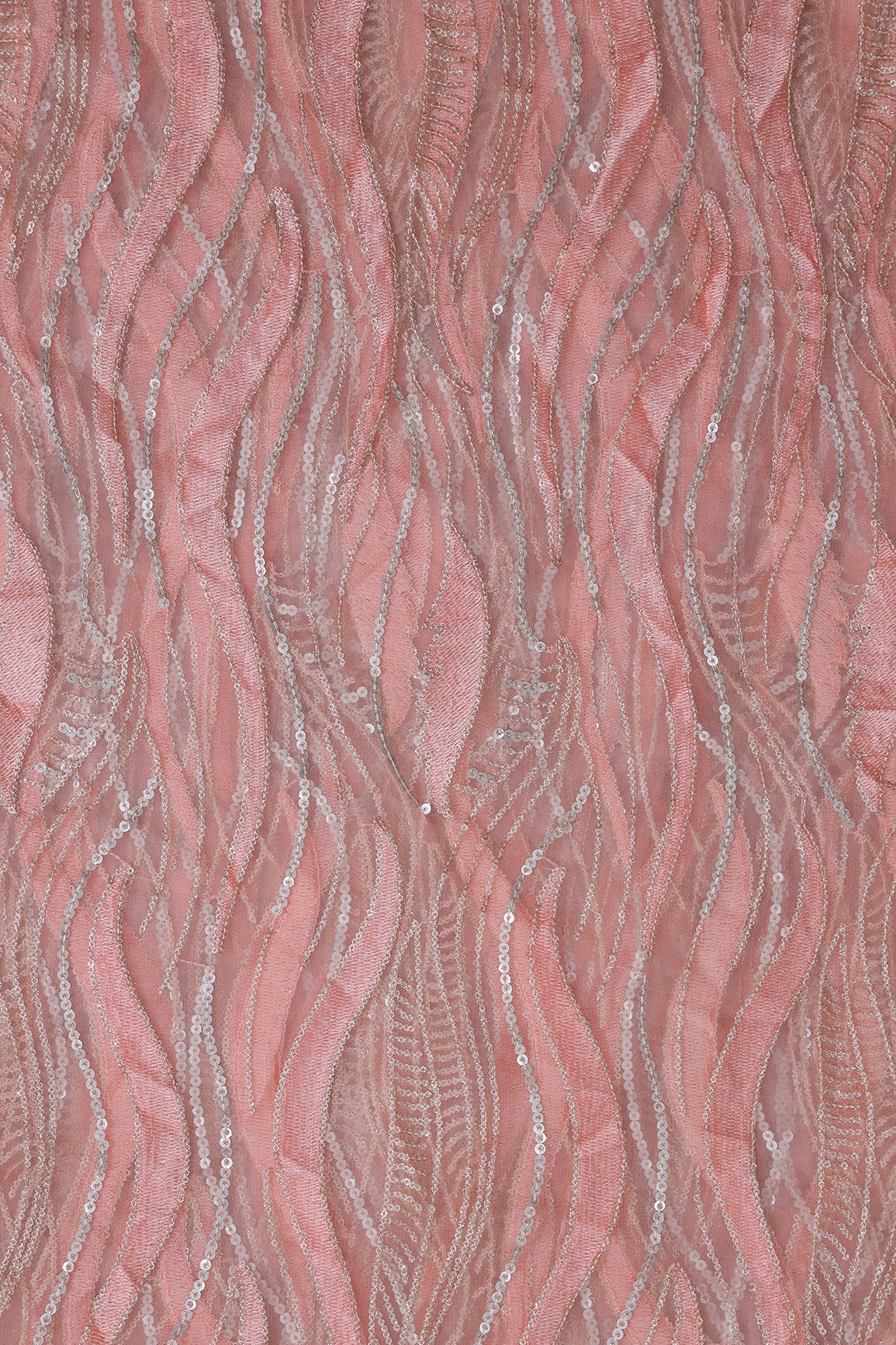 Peach Thread With Sequins Wavy Embroidery Work On Peach Soft Net Fabric